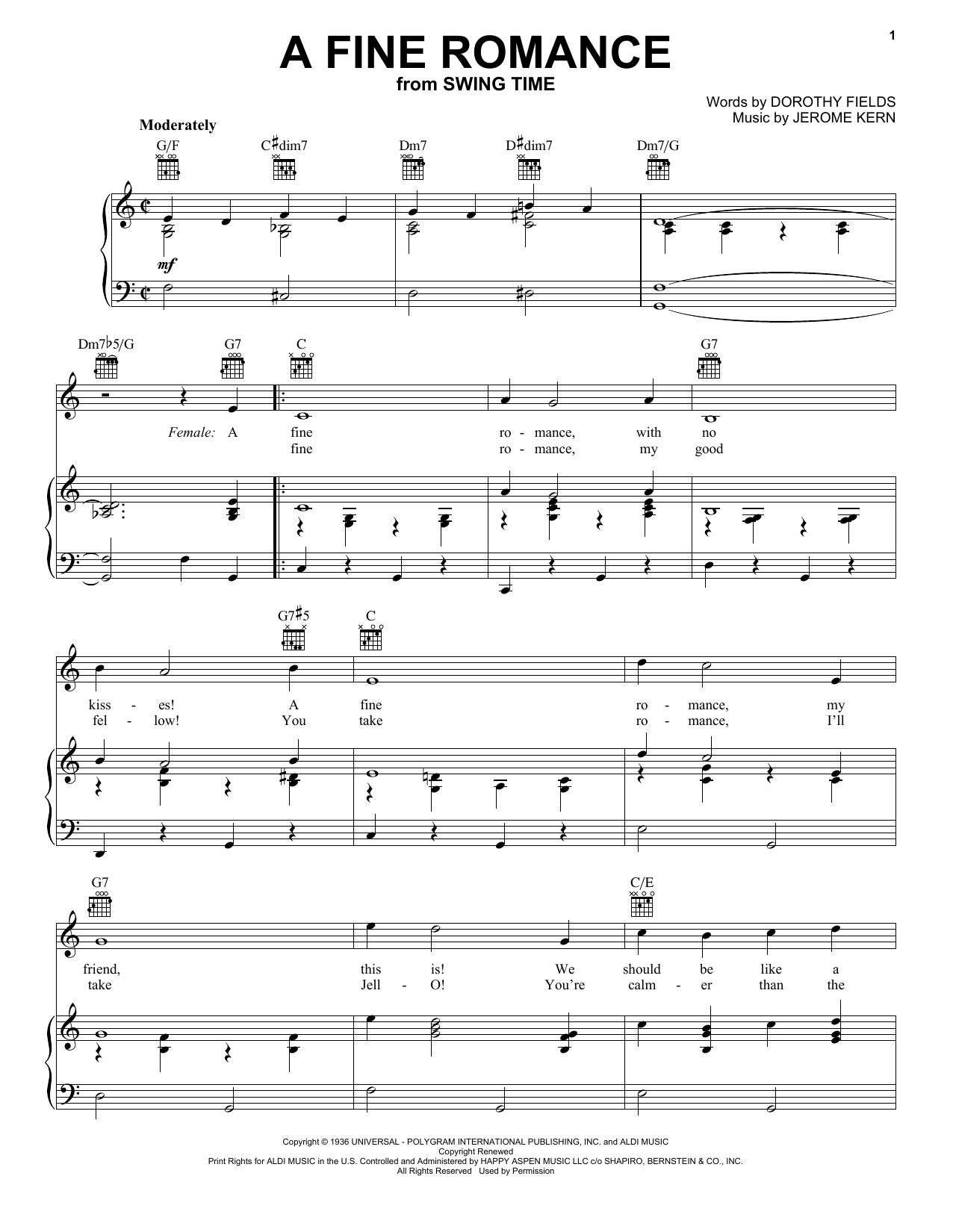 Download Jerome Kern A Fine Romance Sheet Music and learn how to play Violin PDF digital score in minutes