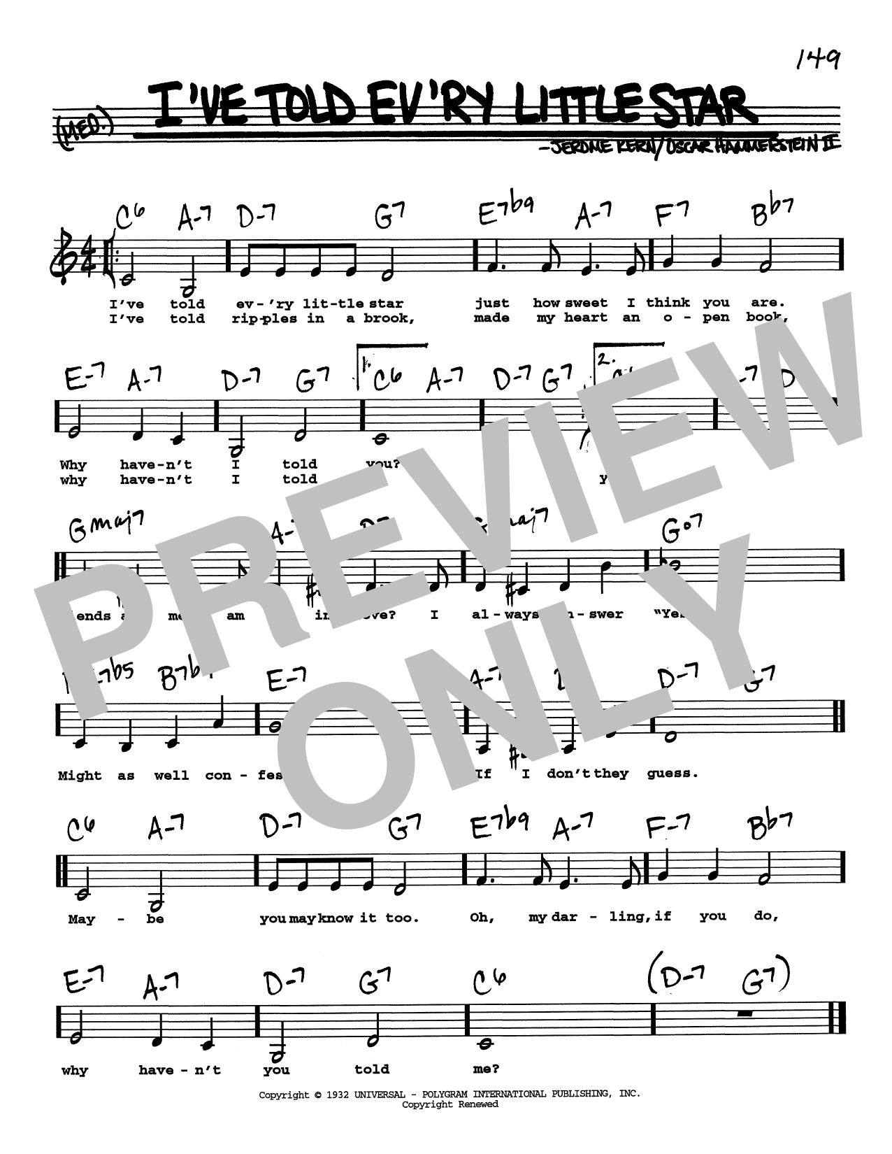Download Jerome Kern I've Told Ev'ry Little Star (Low Voice) Sheet Music and learn how to play Real Book – Melody, Lyrics & Chords PDF digital score in minutes