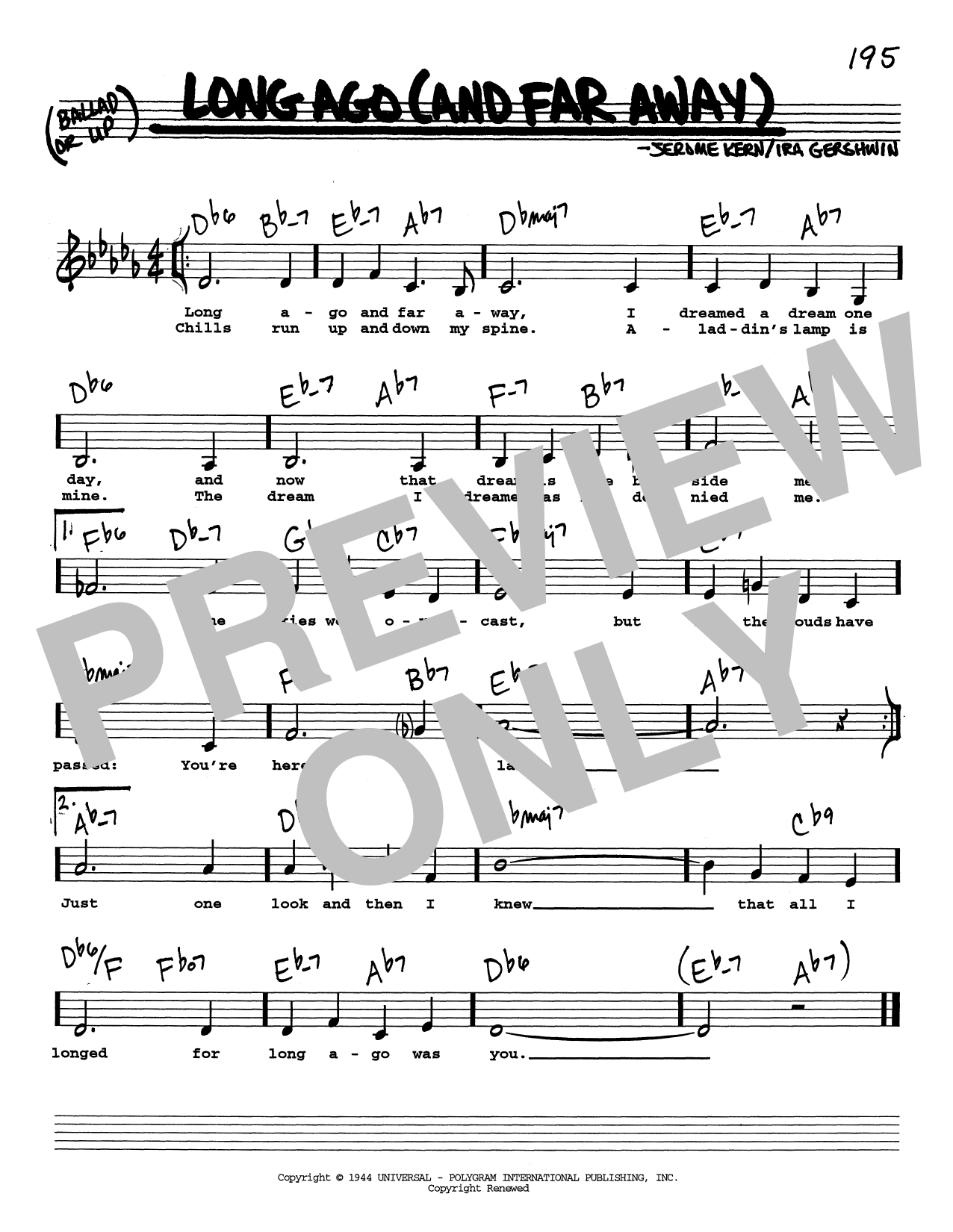 Download Jerome Kern Long Ago (And Far Away) (Low Voice) Sheet Music and learn how to play Real Book – Melody, Lyrics & Chords PDF digital score in minutes