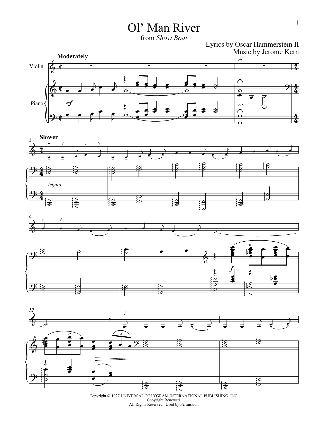 Download Jerome Kern Ol' Man River (from Show Boat) Sheet Music and learn how to play Violin and Piano PDF digital score in minutes