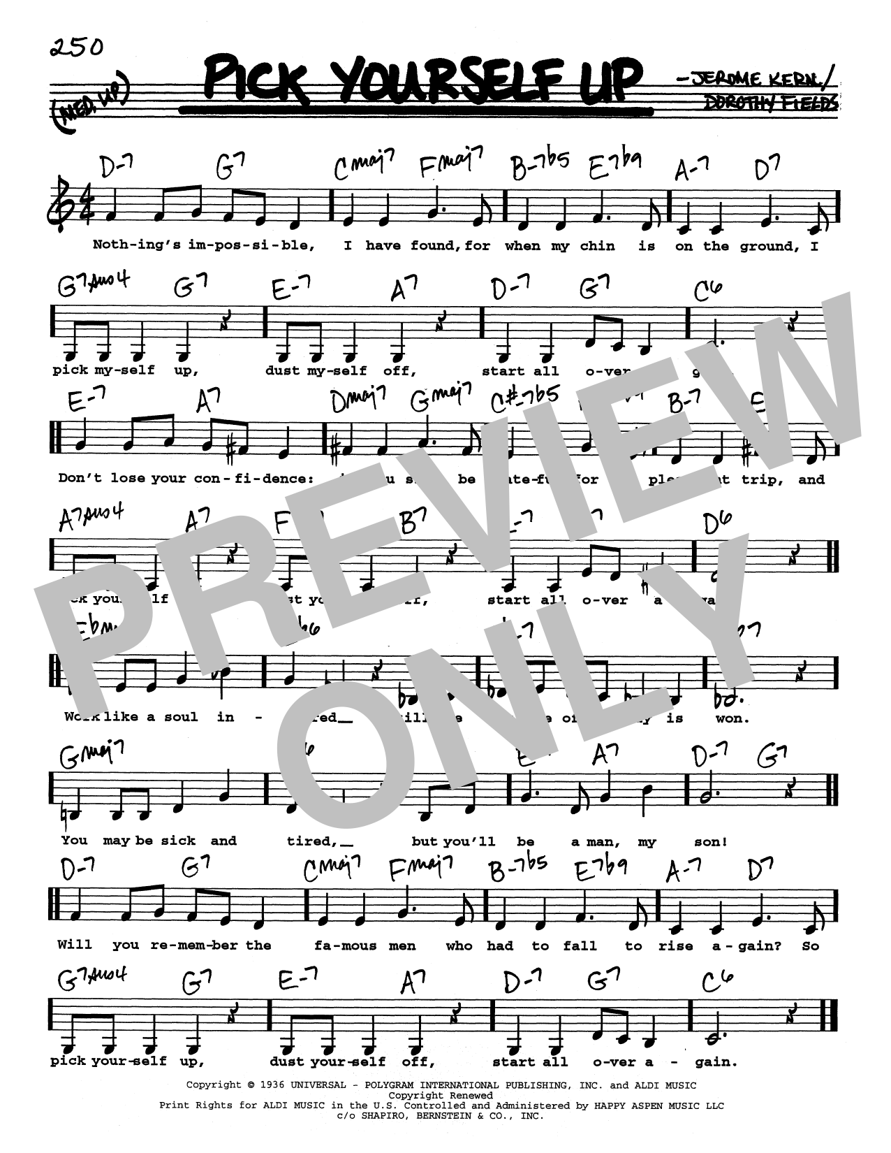 Download Jerome Kern Pick Yourself Up (Low Voice) Sheet Music and learn how to play Real Book – Melody, Lyrics & Chords PDF digital score in minutes