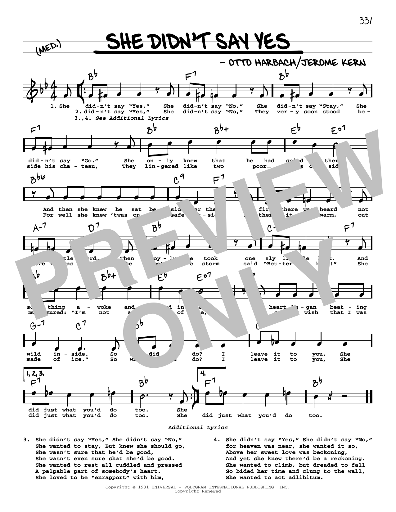 Download Jerome Kern She Didn't Say Yes (High Voice) Sheet Music and learn how to play Real Book – Melody, Lyrics & Chords PDF digital score in minutes