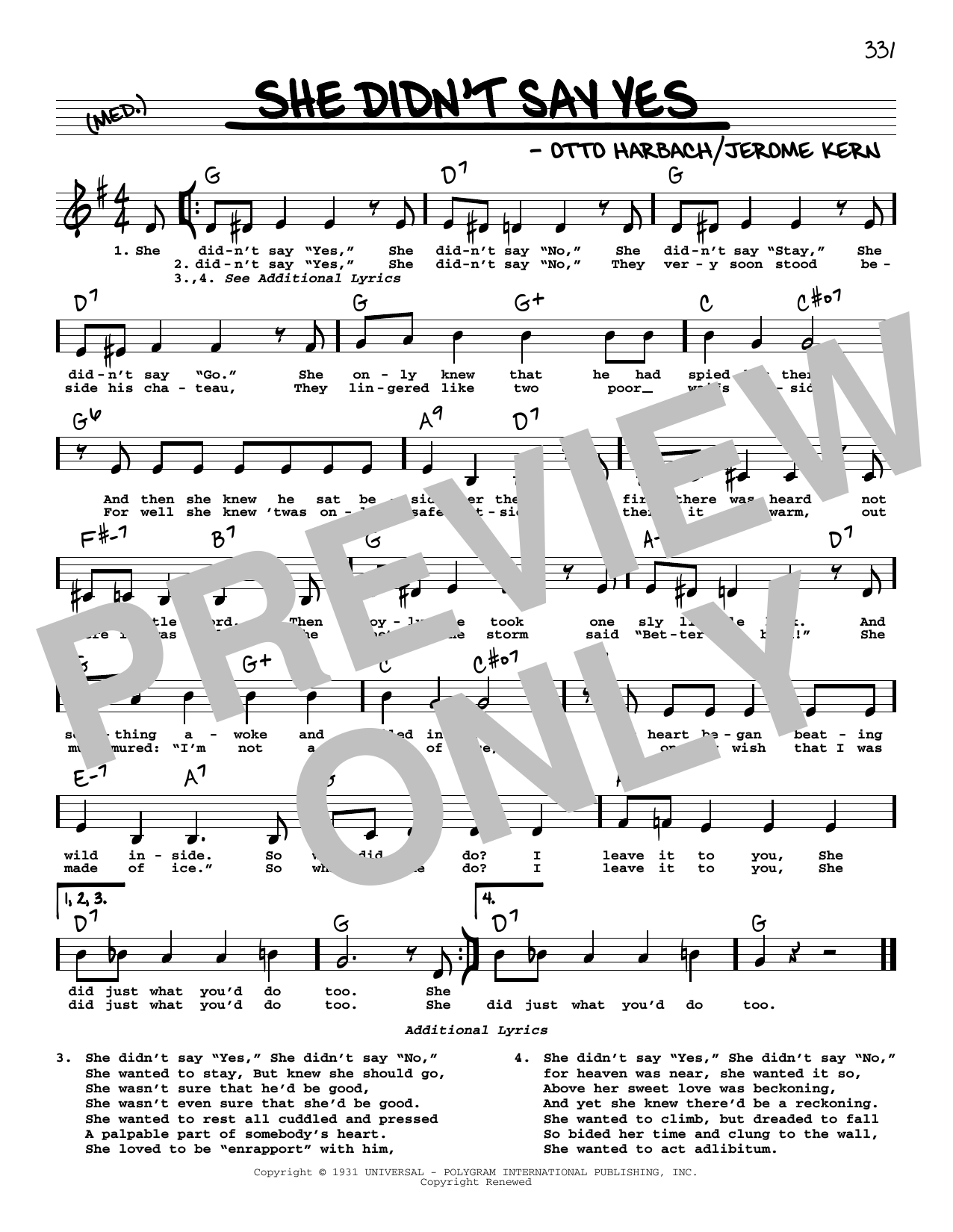Download Jerome Kern She Didn't Say Yes (Low Voice) Sheet Music and learn how to play Real Book – Melody, Lyrics & Chords PDF digital score in minutes