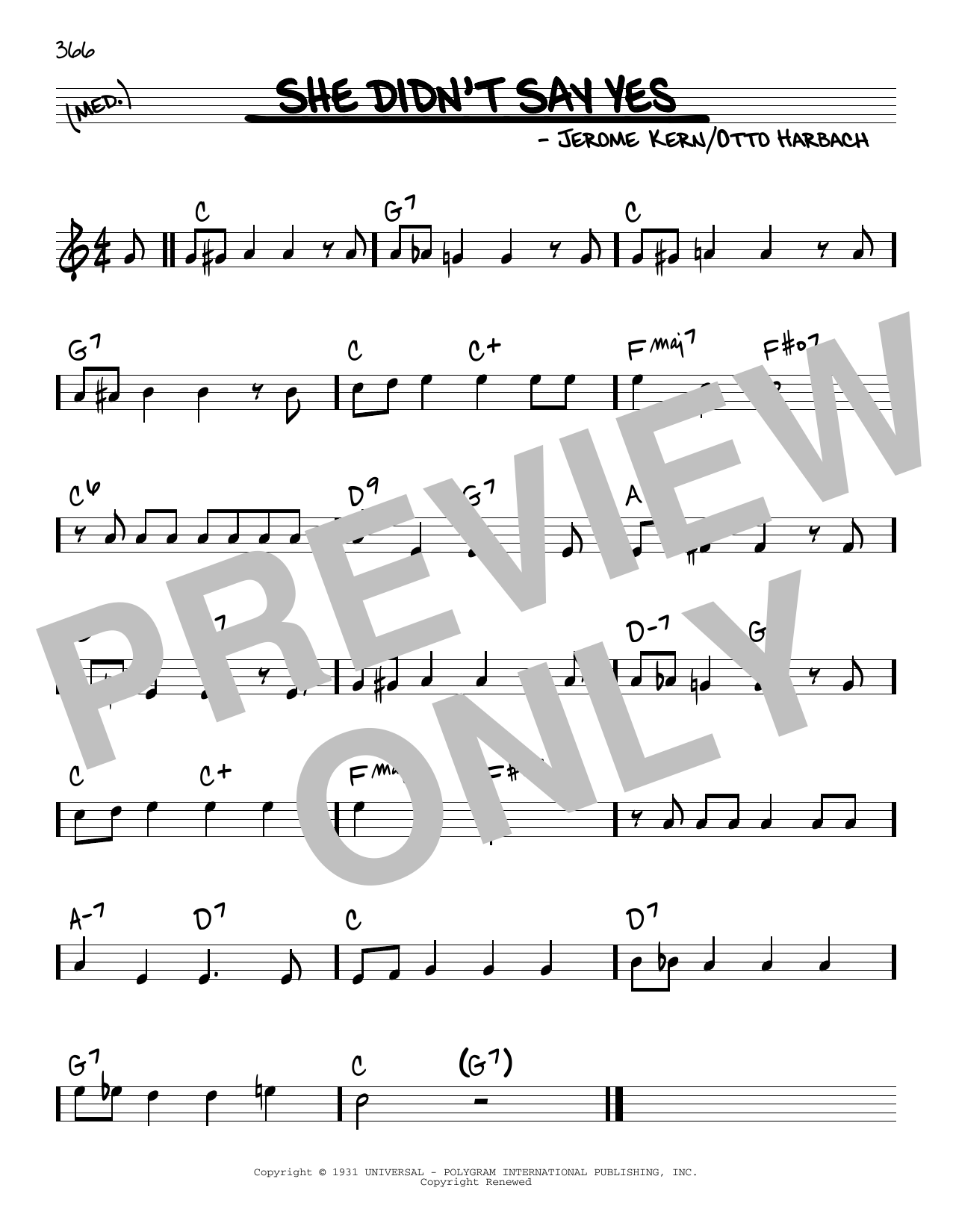 Download Jerome Kern She Didn't Say Yes Sheet Music and learn how to play Real Book – Melody & Chords PDF digital score in minutes