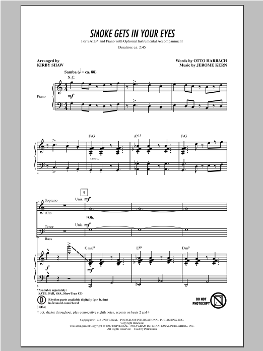 Download Jerome Kern Smoke Gets In Your Eyes (arr. Kirby Shaw) Sheet Music and learn how to play SATB PDF digital score in minutes