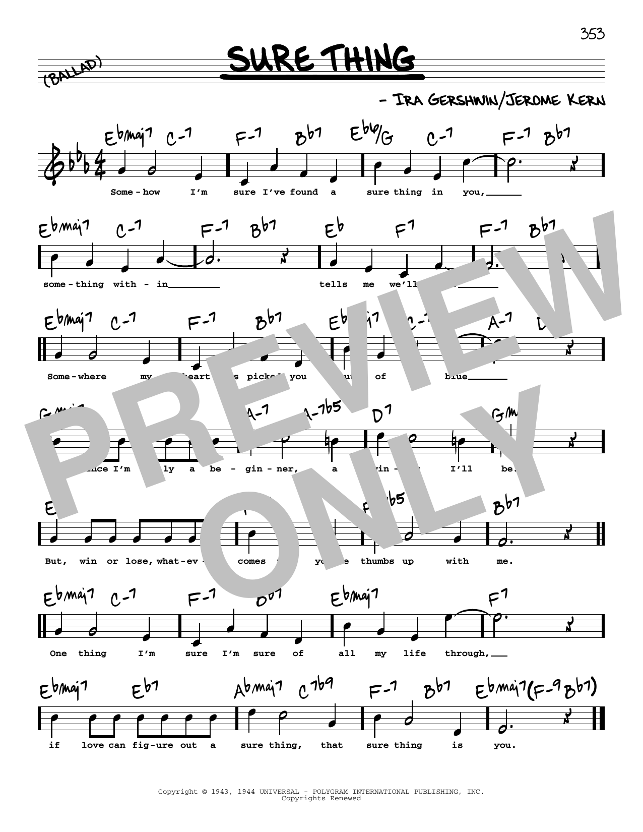 Download Jerome Kern Sure Thing (High Voice) Sheet Music and learn how to play Real Book – Melody, Lyrics & Chords PDF digital score in minutes