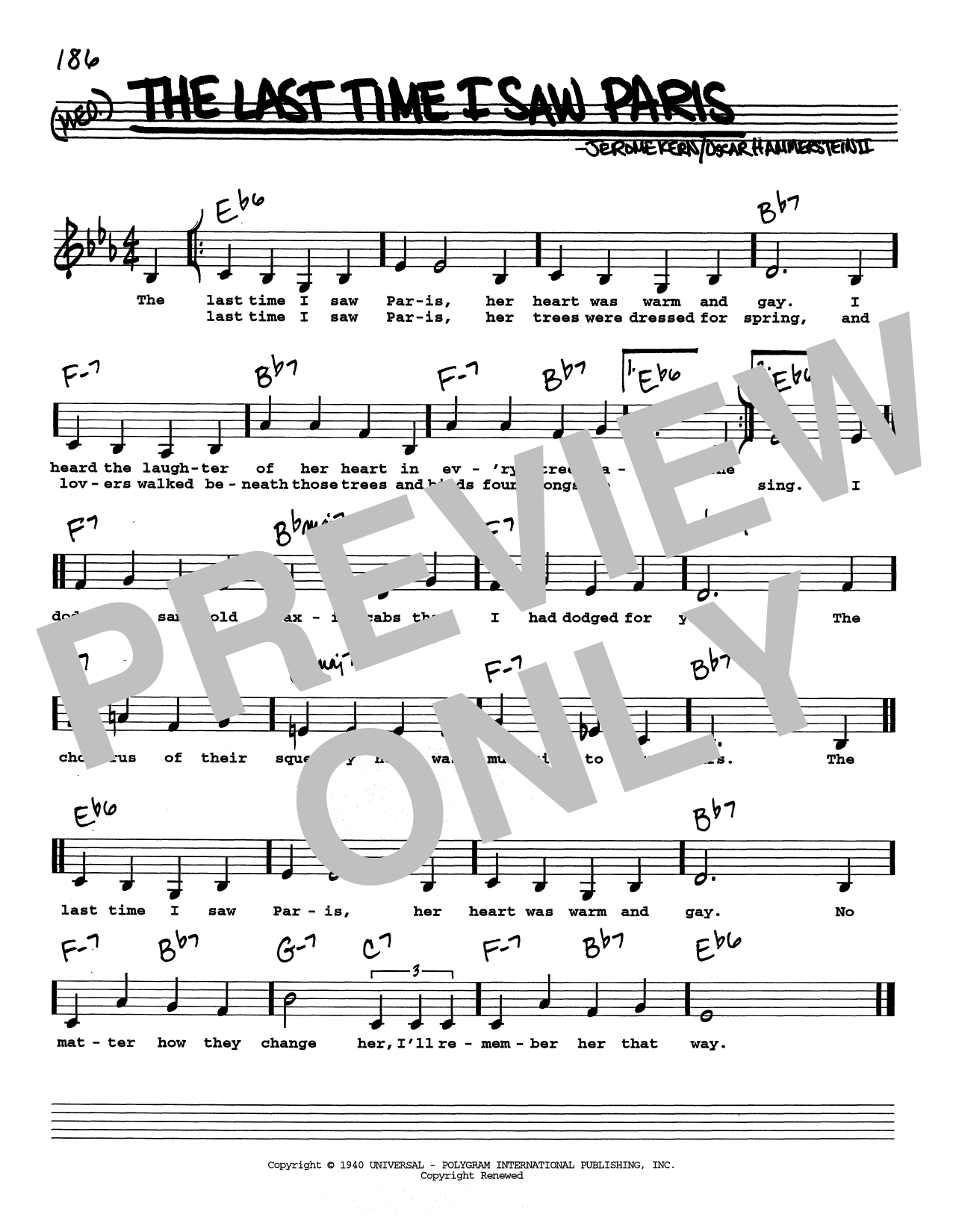 Download Jerome Kern The Last Time I Saw Paris (Low Voice) Sheet Music and learn how to play Real Book – Melody, Lyrics & Chords PDF digital score in minutes