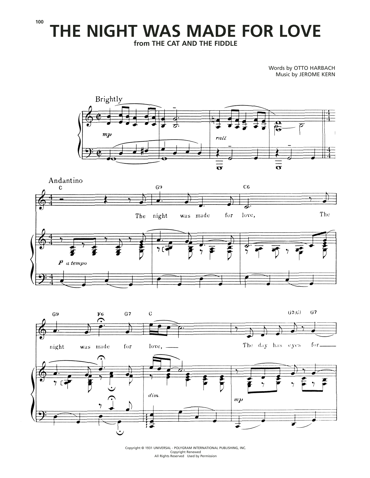 Download Jerome Kern The Night Was Made For Love (from The Cat And The Fiddle) Sheet Music and learn how to play Piano, Vocal & Guitar Chords (Right-Hand Melody) PDF digital score in minutes