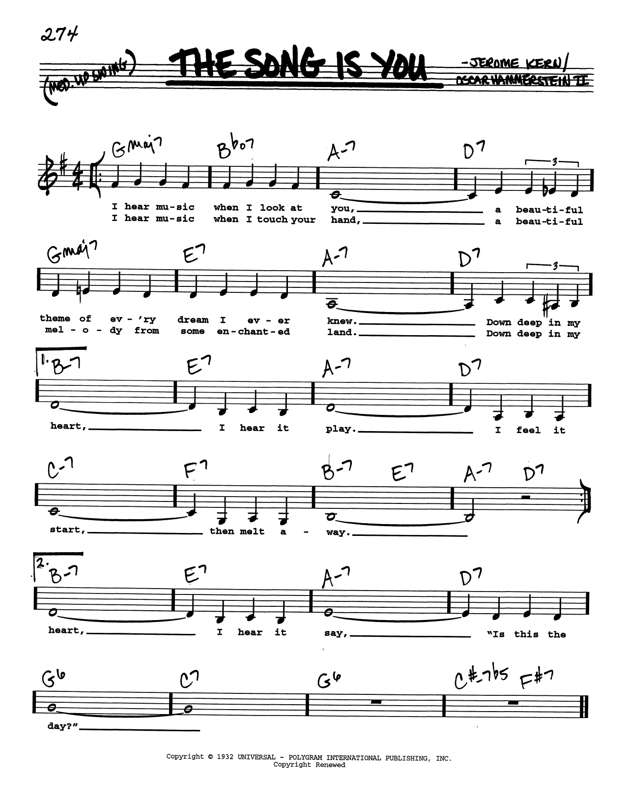 Download Jerome Kern The Song Is You (Low Voice) Sheet Music and learn how to play Real Book – Melody, Lyrics & Chords PDF digital score in minutes