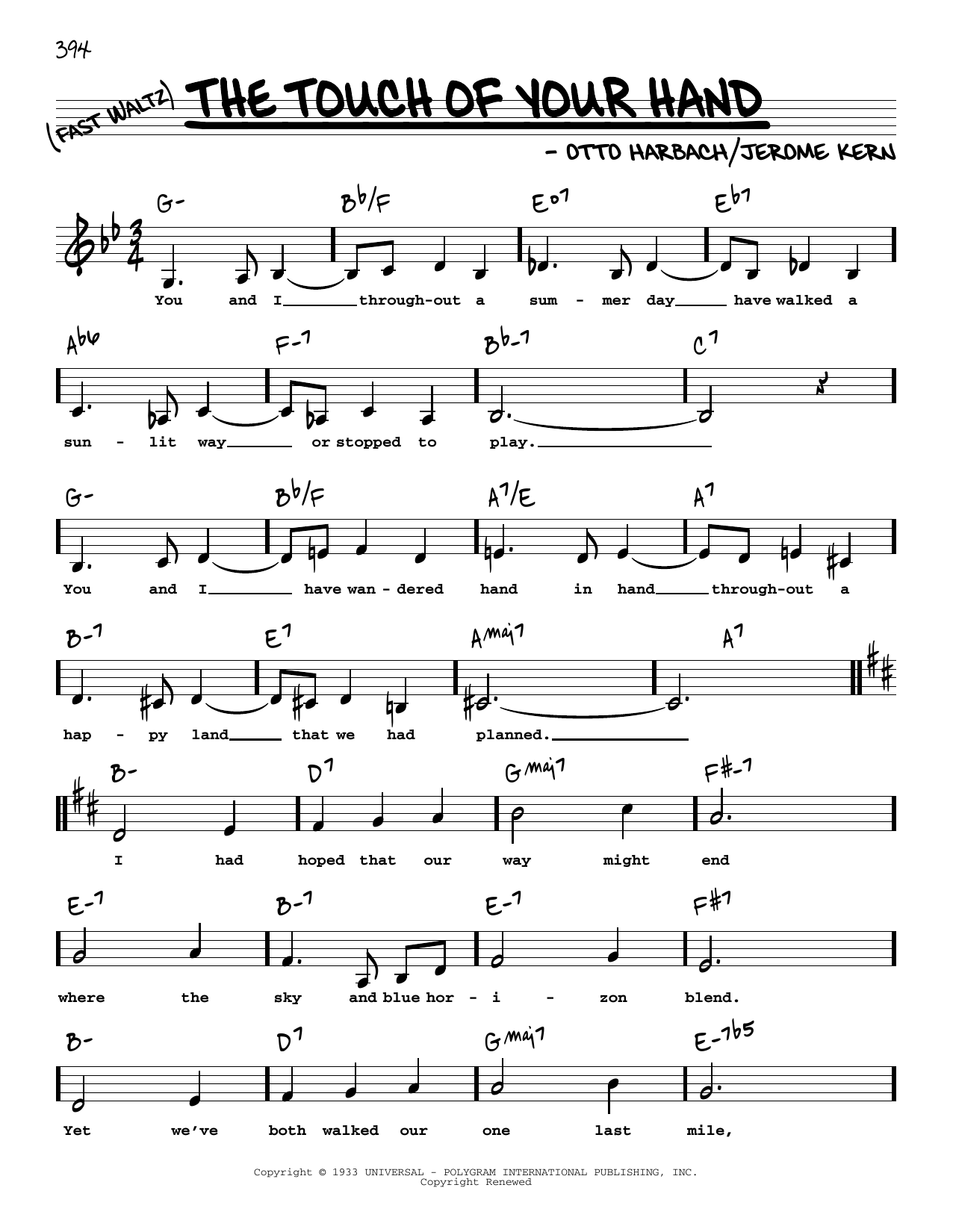 Download Jerome Kern The Touch Of Your Hand (Low Voice) Sheet Music and learn how to play Real Book – Melody, Lyrics & Chords PDF digital score in minutes