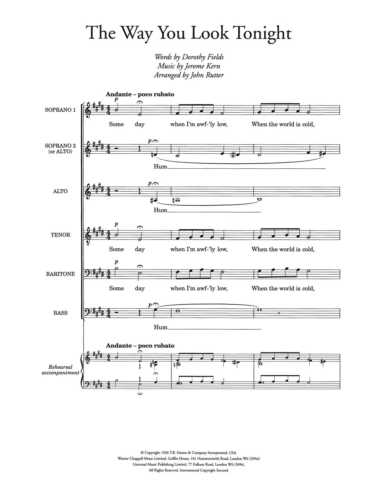Download Jerome Kern The Way You Look Tonight (arr. John Rutter) Sheet Music and learn how to play Piano, Vocal & Guitar PDF digital score in minutes