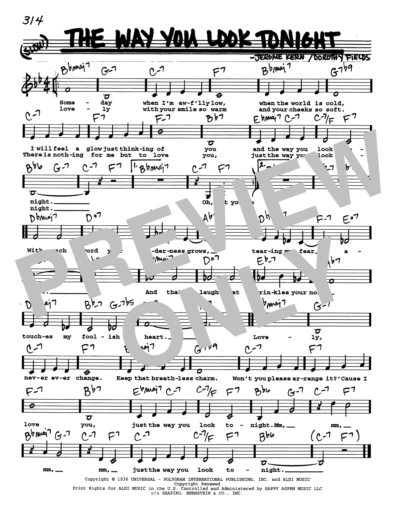 Download Jerome Kern The Way You Look Tonight (Low Voice) Sheet Music and learn how to play Real Book – Melody, Lyrics & Chords PDF digital score in minutes