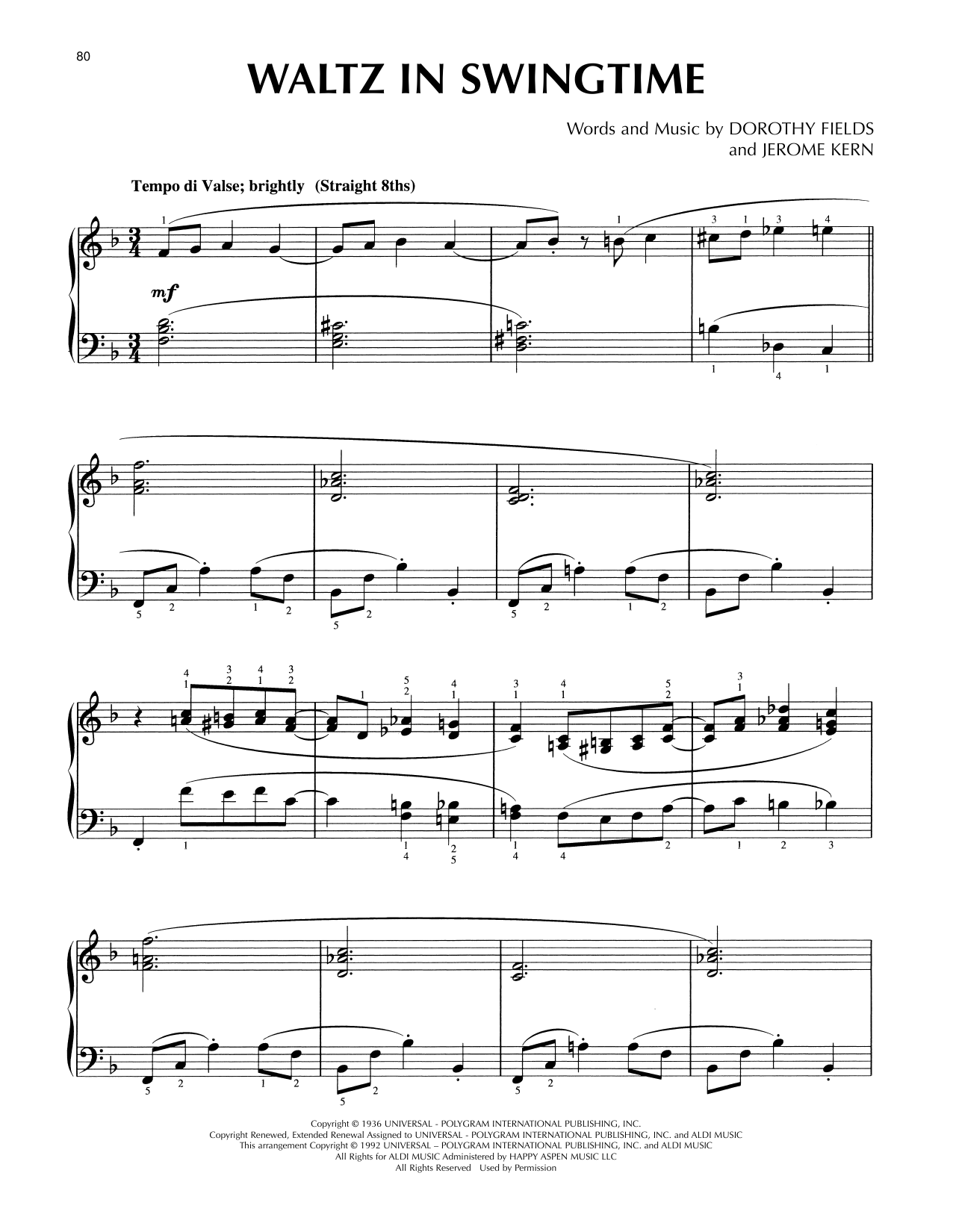 Download Jerome Kern Waltz In Swingtime (arr. Lee Evans) Sheet Music and learn how to play Piano Solo PDF digital score in minutes