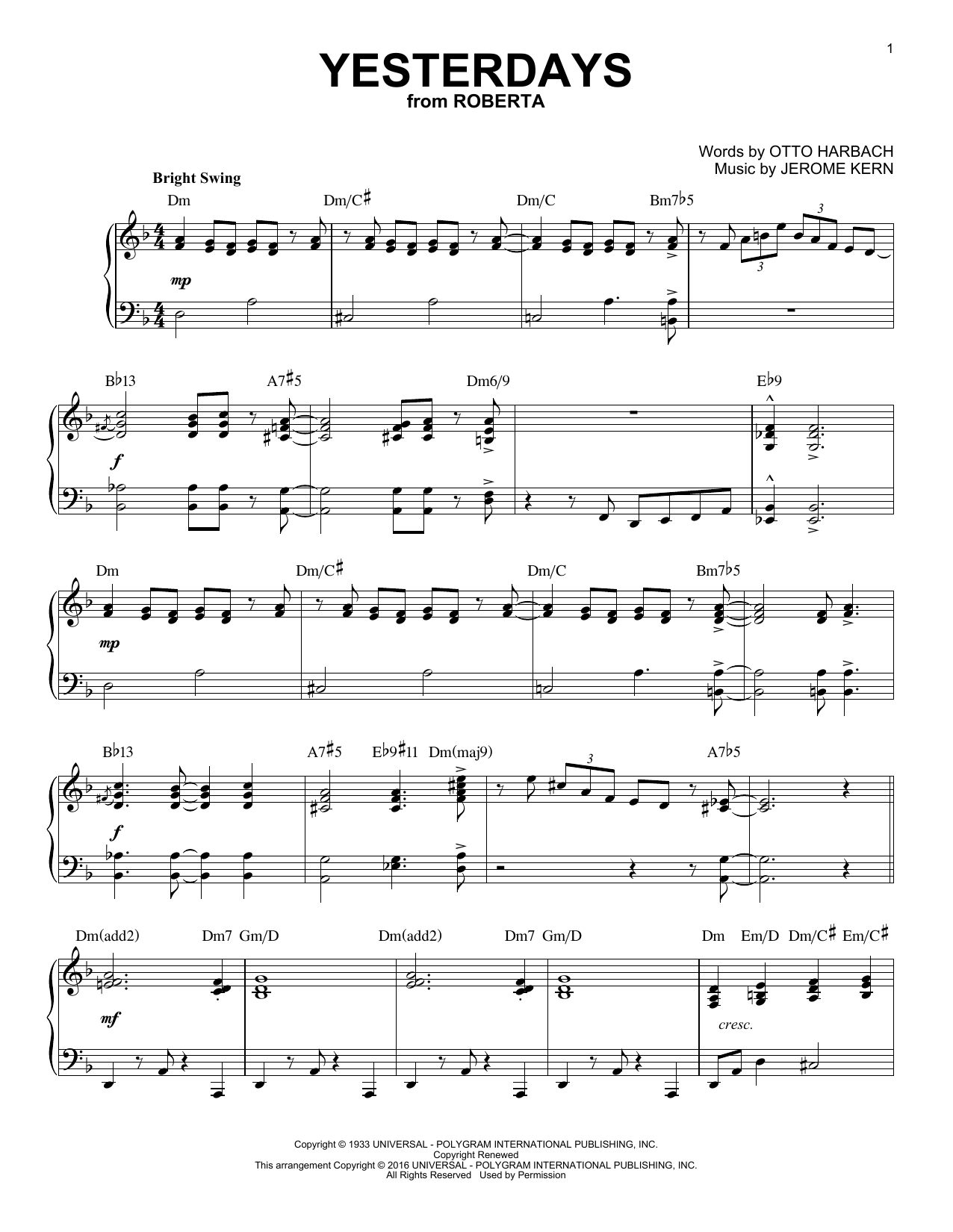 Download Jerome Kern Yesterdays Sheet Music and learn how to play Piano PDF digital score in minutes
