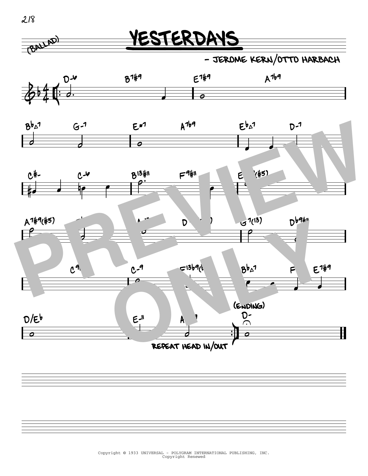 Download Jerome Kern Yesterdays (arr. David Hazeltine) Sheet Music and learn how to play Real Book – Enhanced Chords PDF digital score in minutes