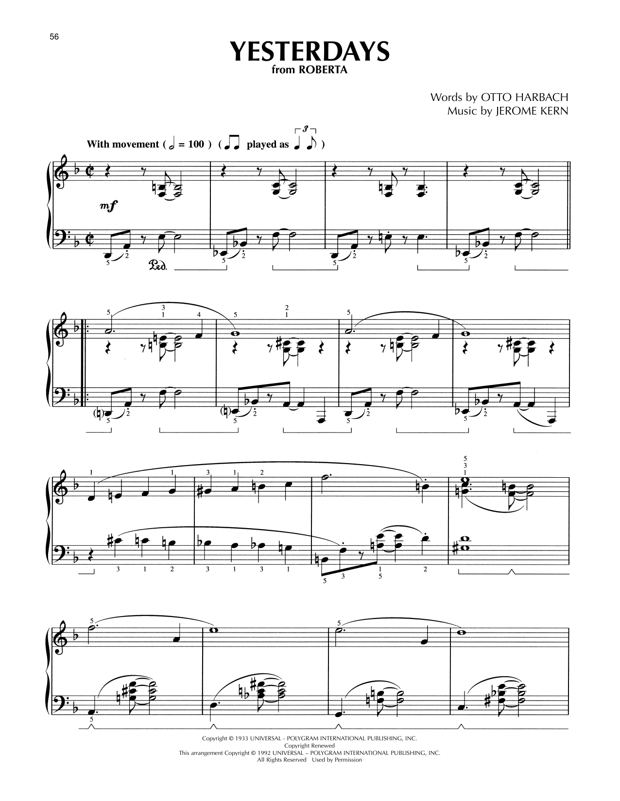 Download Jerome Kern Yesterdays (from Roberta) (arr. Lee Evans) Sheet Music and learn how to play Piano Solo PDF digital score in minutes