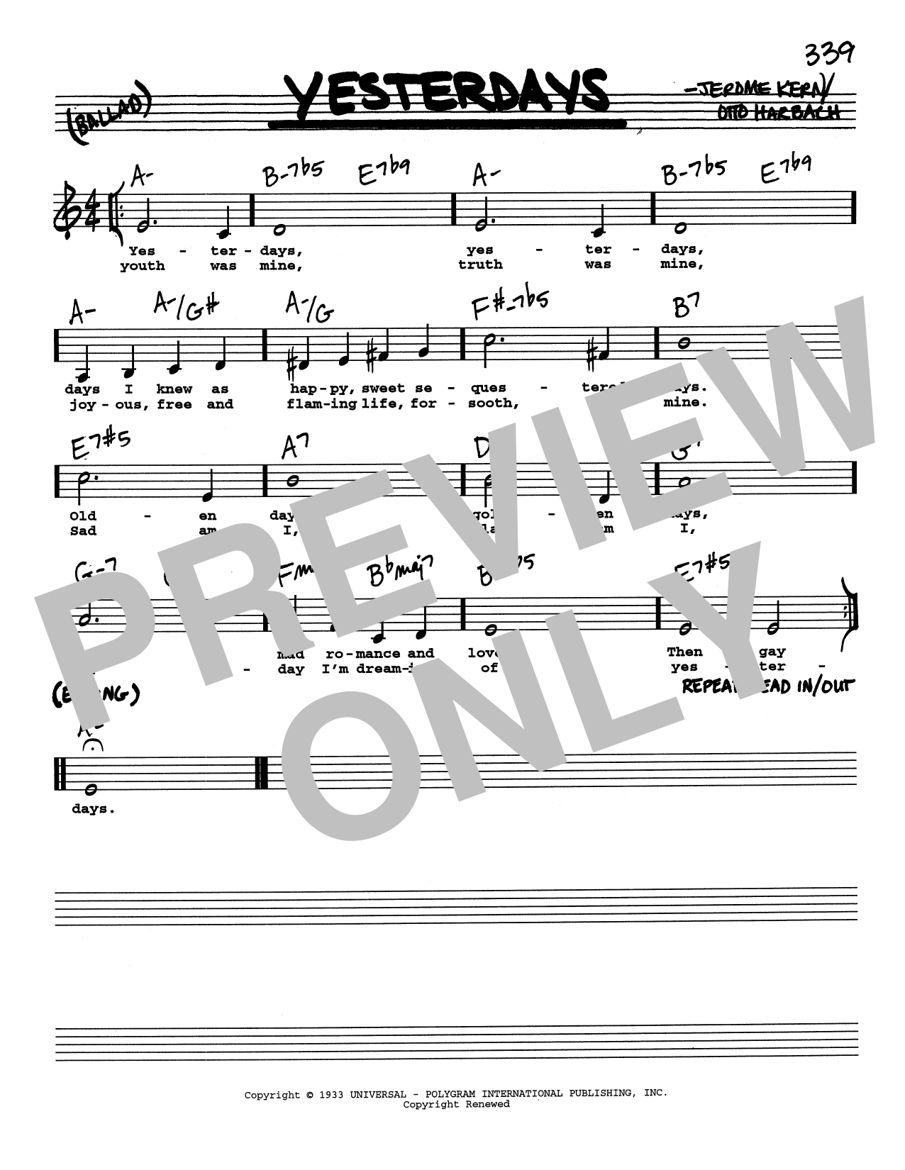 Download Jerome Kern Yesterdays (Low Voice) Sheet Music and learn how to play Real Book – Melody, Lyrics & Chords PDF digital score in minutes