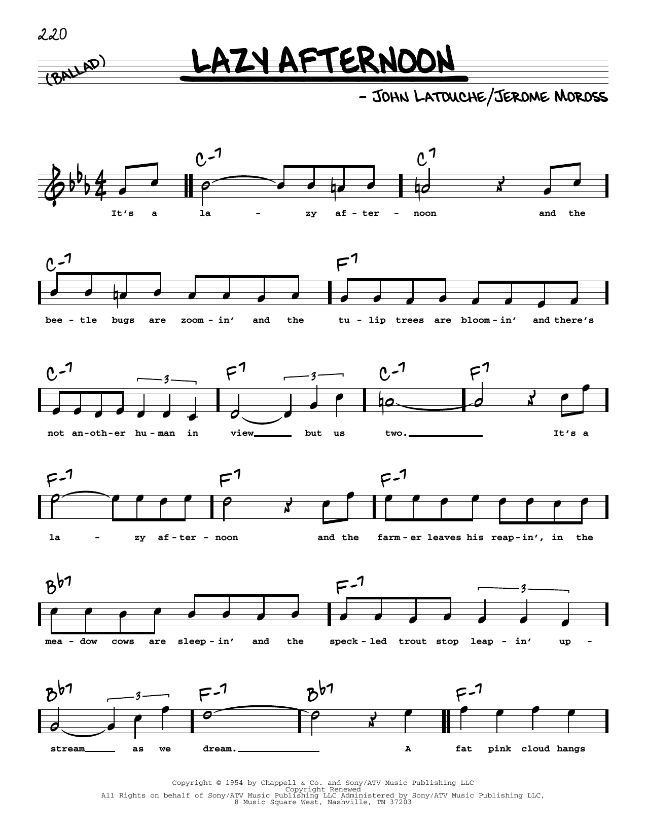 Download Jerome Moross Lazy Afternoon (High Voice) (from The Golden Apple) Sheet Music and learn how to play Real Book – Melody, Lyrics & Chords PDF digital score in minutes