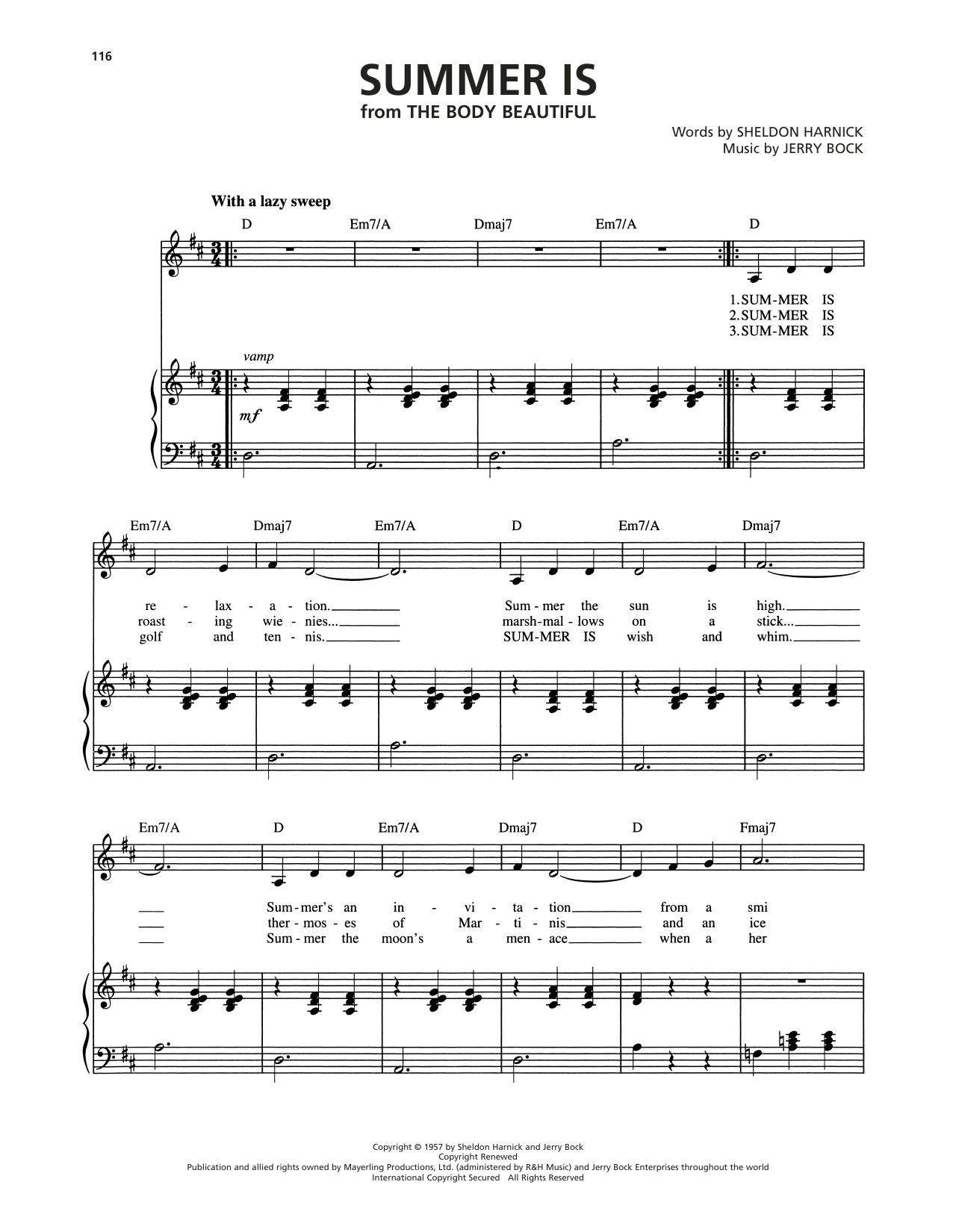 Download Jerry Bock Summer Is (from The Body Beautiful) Sheet Music and learn how to play Piano, Vocal & Guitar Chords (Right-Hand Melody) PDF digital score in minutes