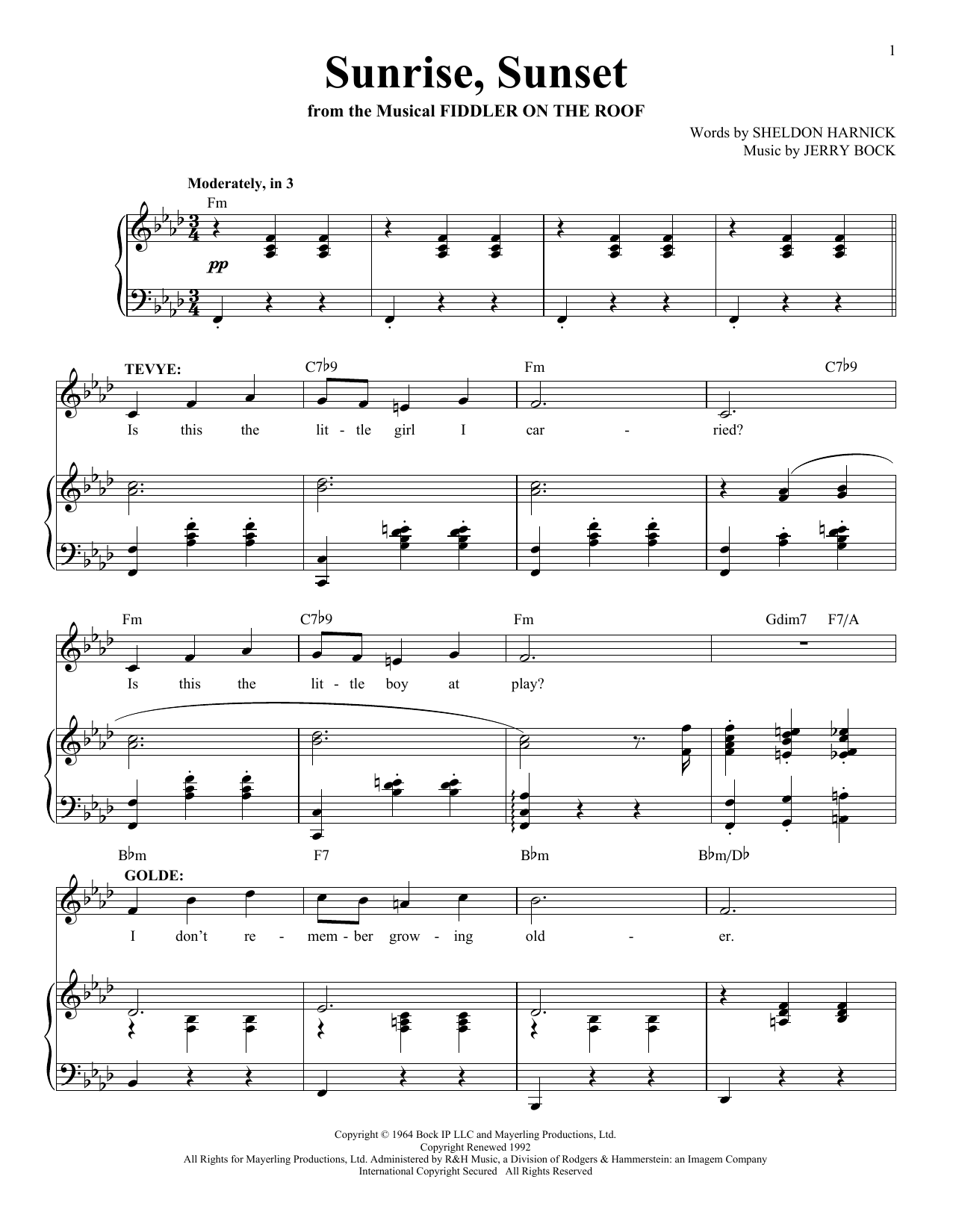 Download Jerry Bock Sunrise, Sunset Sheet Music and learn how to play Cello PDF digital score in minutes