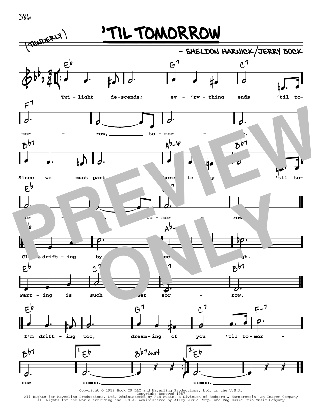 Download Jerry Bock 'Til Tomorrow (Low Voice) Sheet Music and learn how to play Real Book – Melody, Lyrics & Chords PDF digital score in minutes