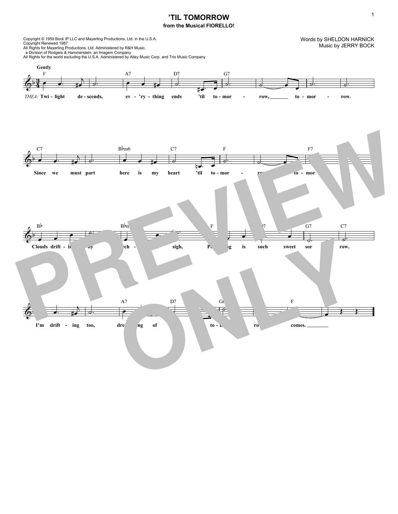 Download Jerry Bock 'Til Tomorrow Sheet Music and learn how to play Melody Line, Lyrics & Chords PDF digital score in minutes