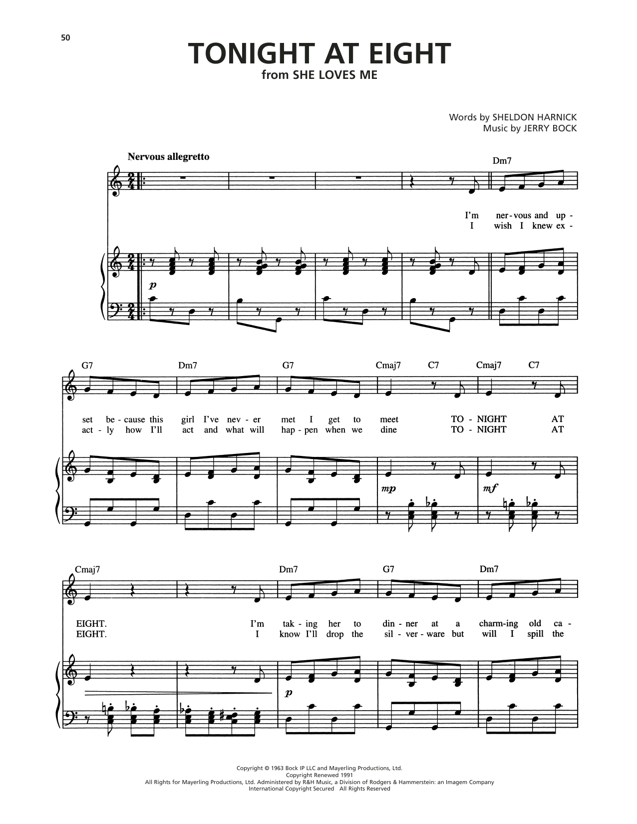 Download Jerry Bock Tonight At Eight (from She Loves Me) Sheet Music and learn how to play Piano, Vocal & Guitar Chords (Right-Hand Melody) PDF digital score in minutes