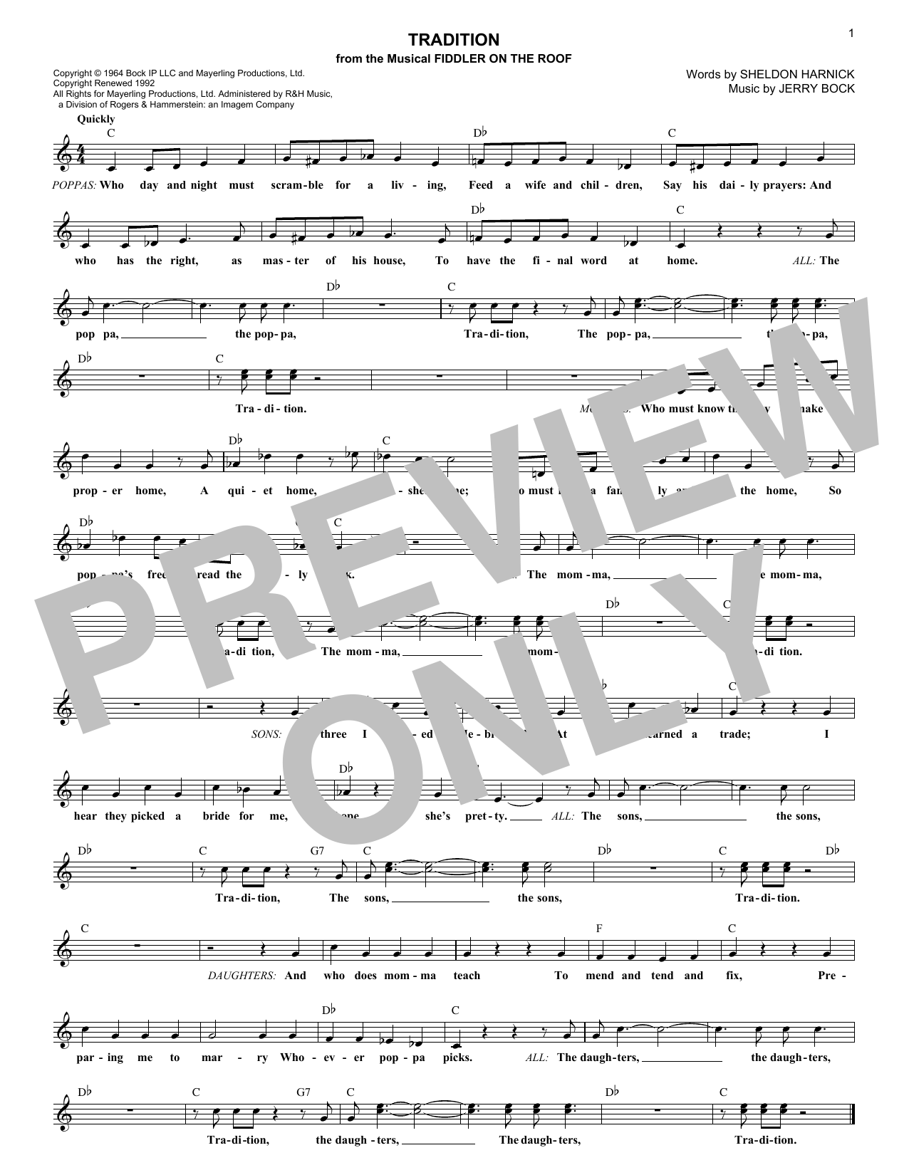 Download Jerry Bock Tradition Sheet Music and learn how to play Melody Line, Lyrics & Chords PDF digital score in minutes