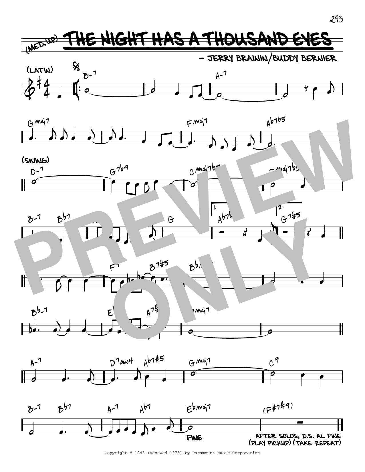 Download Jerry Brainin The Night Has A Thousand Eyes [Reharmonized version] (arr. Jack Grassel) Sheet Music and learn how to play Real Book – Melody & Chords PDF digital score in minutes