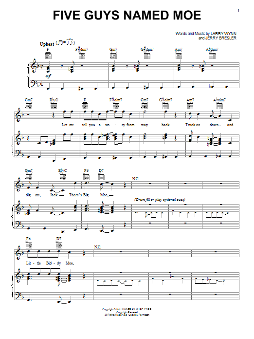 Download Jerry Dixon Five Guys Named Moe Sheet Music and learn how to play Piano, Vocal & Guitar (Right-Hand Melody) PDF digital score in minutes
