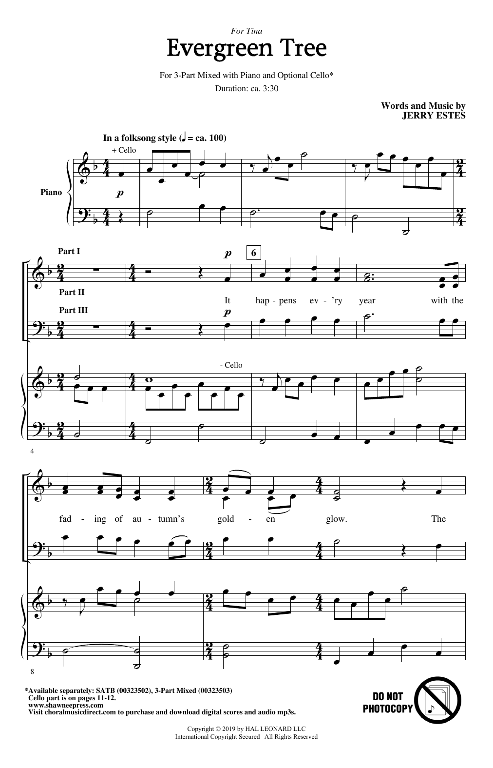 Download Jerry Estes Evergreen Tree Sheet Music and learn how to play SATB Choir PDF digital score in minutes
