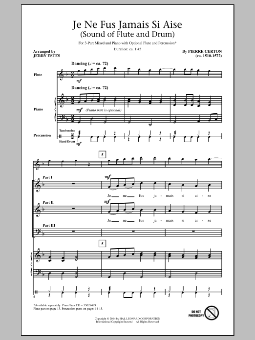 Download Pierre Certon Je Ne Fus Jamais Si Aise (arr. Jerry Estes) Sheet Music and learn how to play 3-Part Mixed PDF digital score in minutes