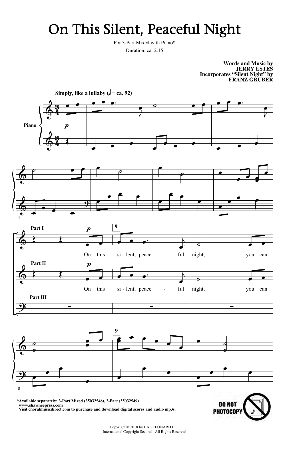 Download Jerry Estes On This Silent, Peaceful Night Sheet Music and learn how to play 2-Part Choir PDF digital score in minutes