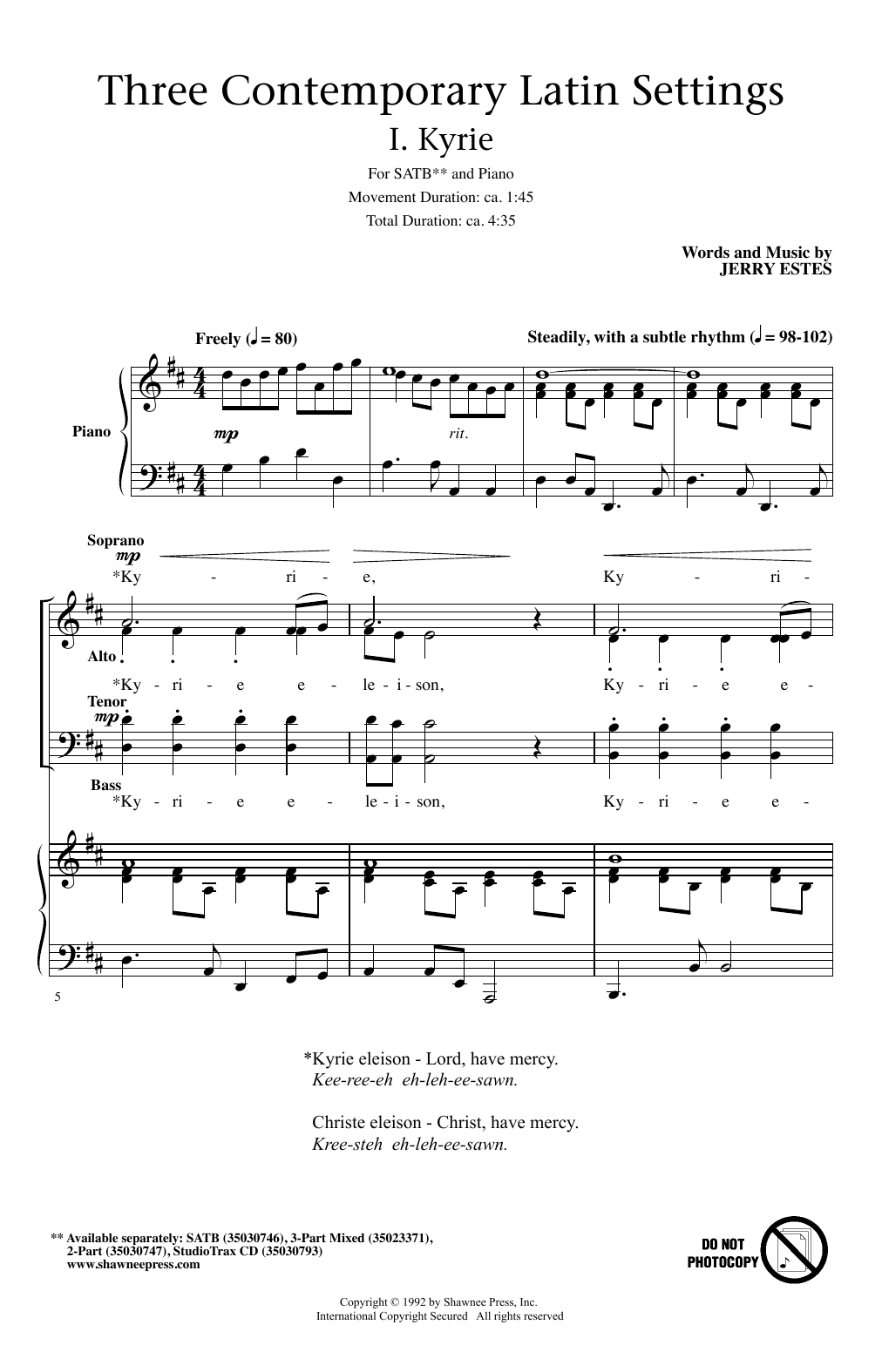 Download Jerry Estes Kyrie Sheet Music and learn how to play 3-Part Mixed PDF digital score in minutes