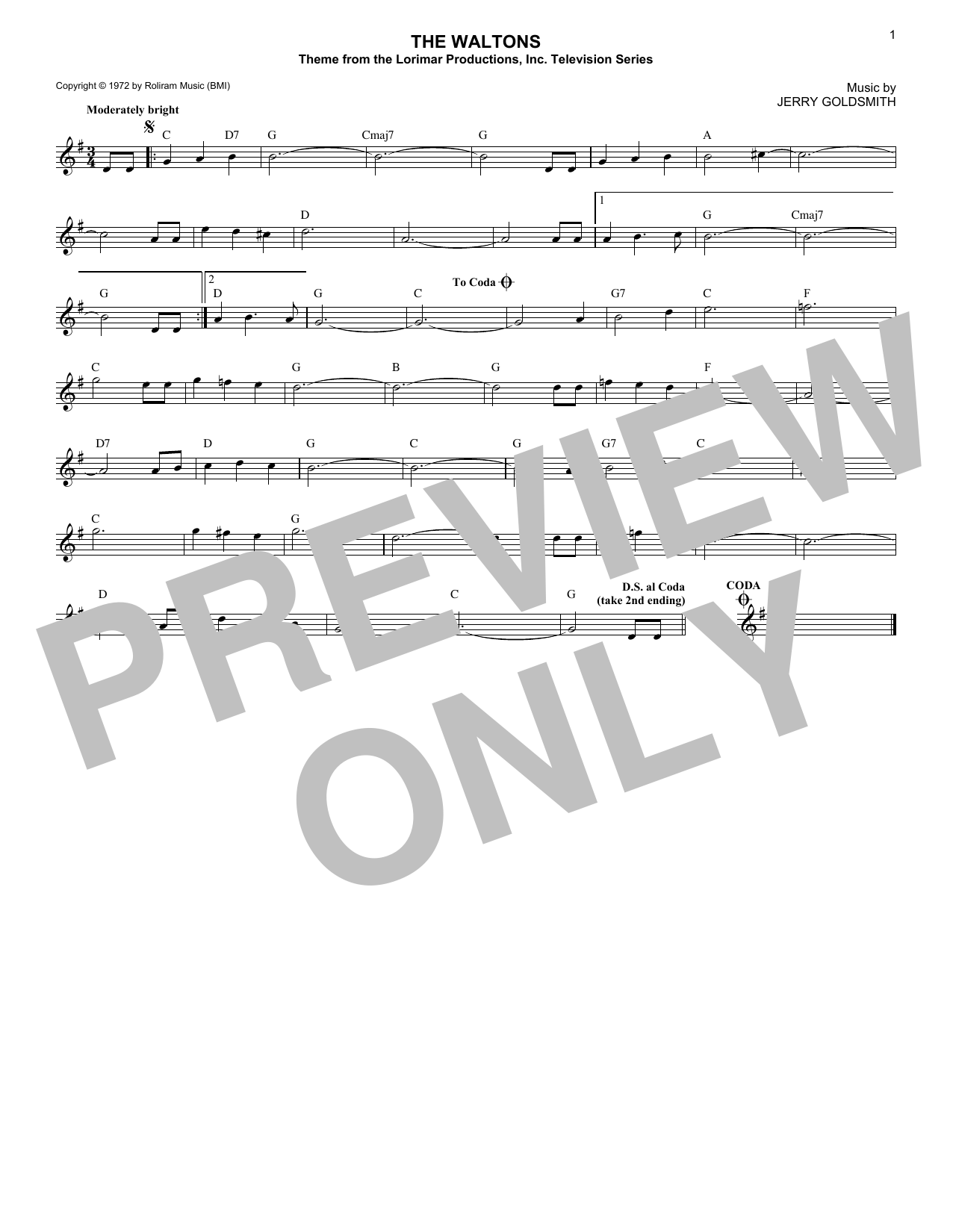Download Jerry Goldsmith The Waltons Sheet Music and learn how to play Lead Sheet / Fake Book PDF digital score in minutes