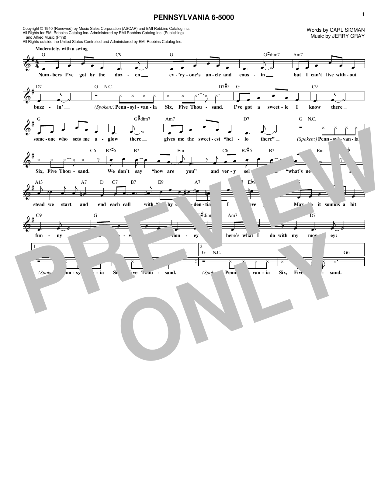 Download Jerry Gray Pennsylvania 6-5000 Sheet Music and learn how to play Melody Line, Lyrics & Chords PDF digital score in minutes