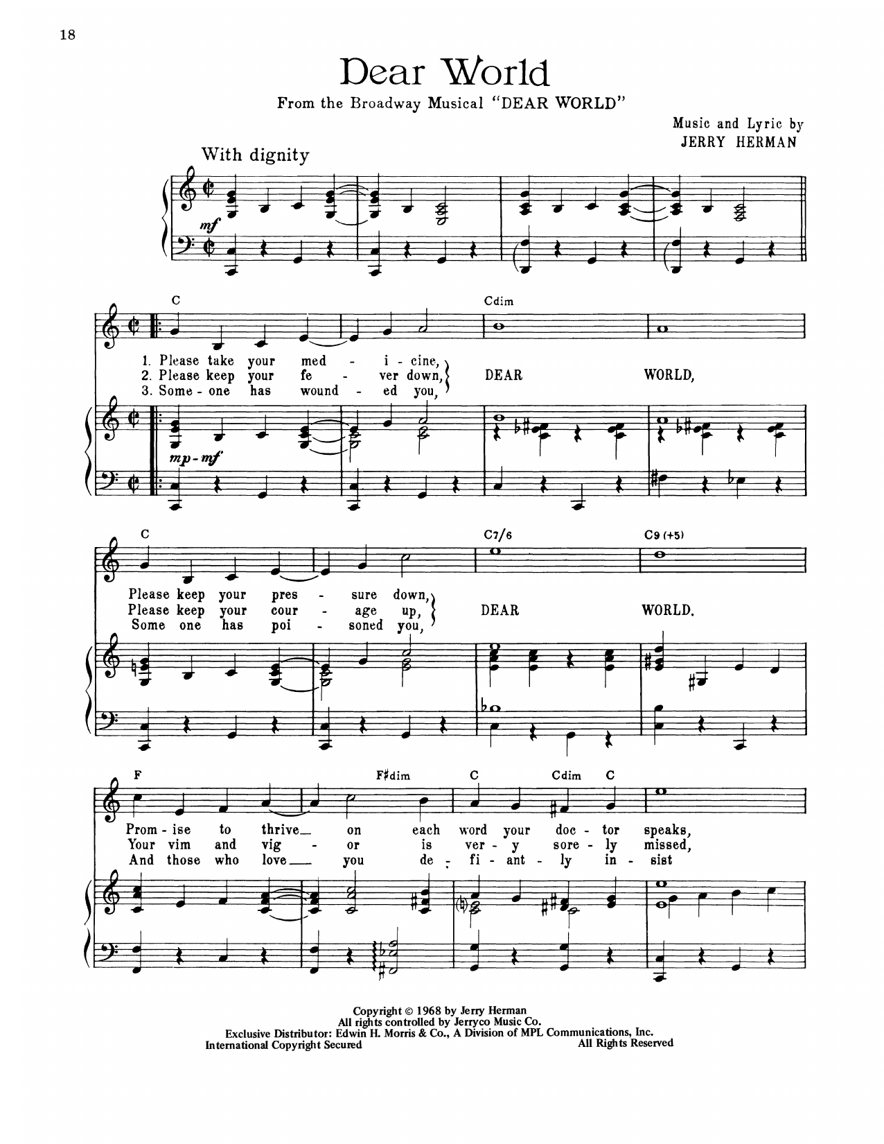 Download Jerry Herman Dear World (from Dear World) Sheet Music and learn how to play Piano, Vocal & Guitar Chords (Right-Hand Melody) PDF digital score in minutes