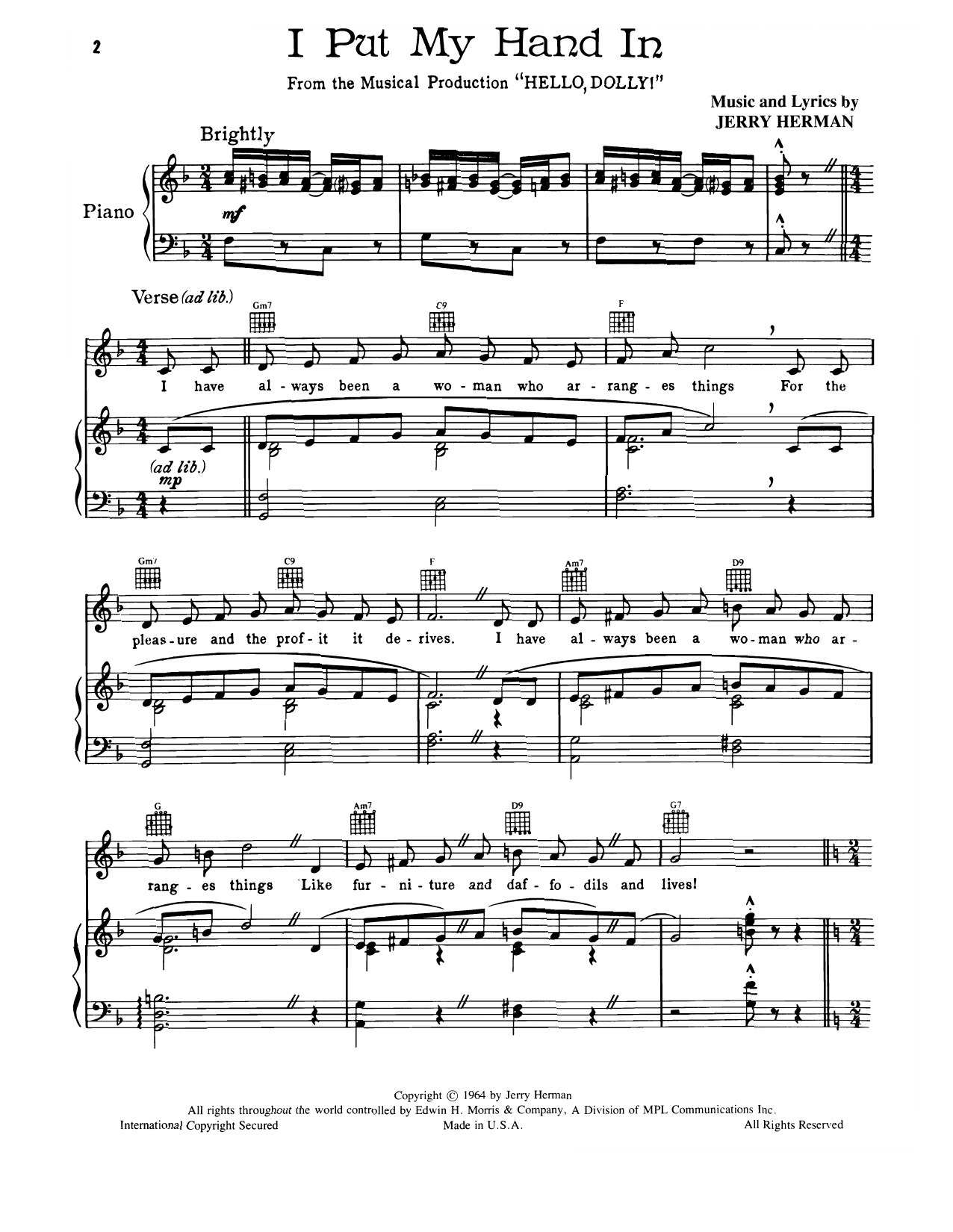 Download Jerry Herman I Put My Hand In (from Hello, Dolly!) Sheet Music and learn how to play Piano, Vocal & Guitar Chords (Right-Hand Melody) PDF digital score in minutes