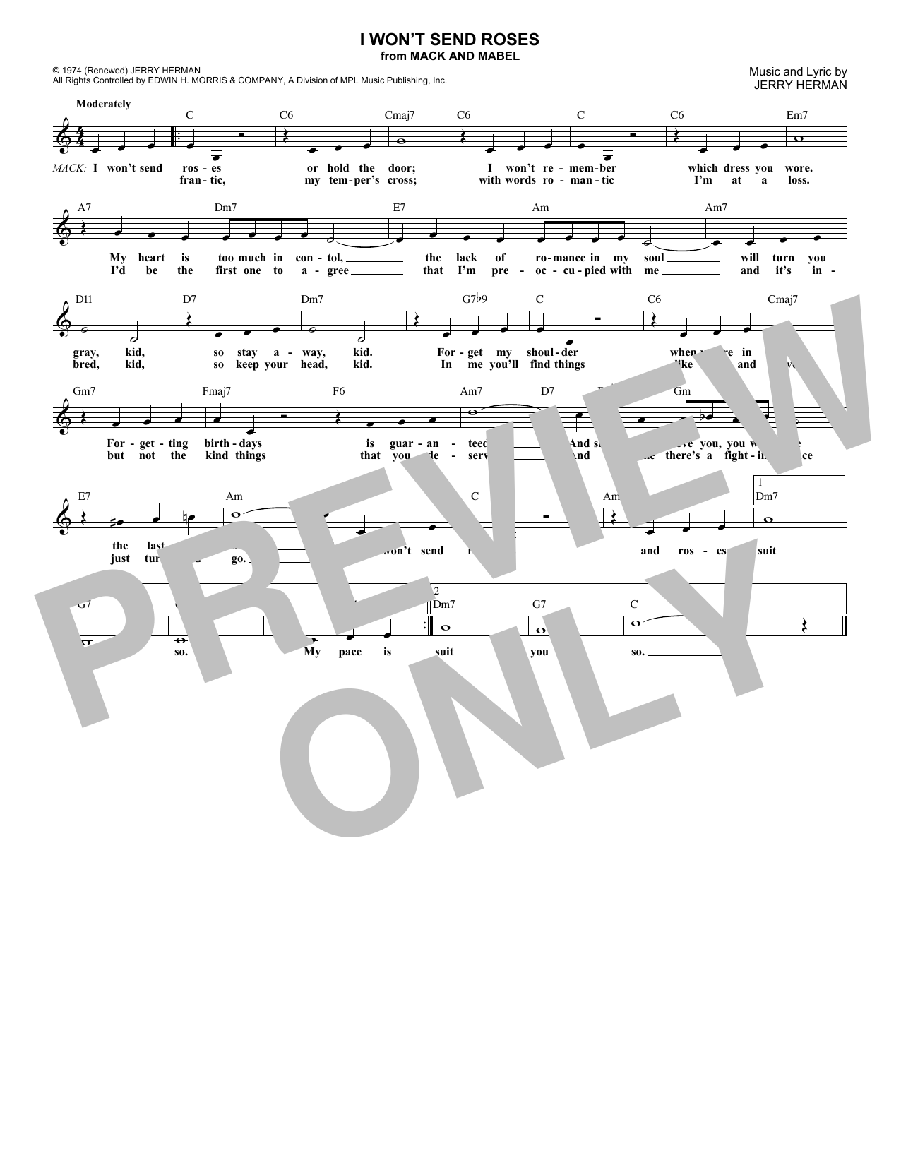 Download Jerry Herman I Won't Send Roses Sheet Music and learn how to play Melody Line, Lyrics & Chords PDF digital score in minutes