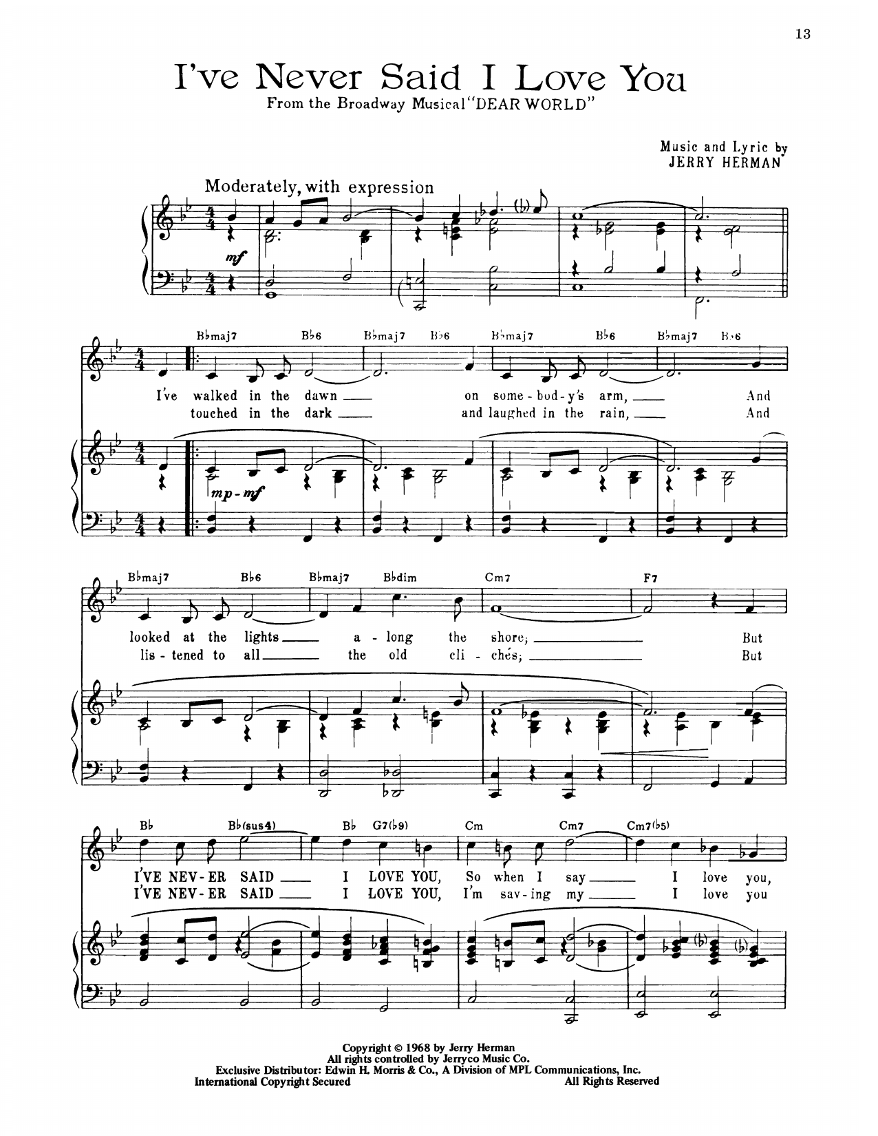 Download Jerry Herman I've Never Said I Love You (from Dear World) Sheet Music and learn how to play Piano, Vocal & Guitar Chords (Right-Hand Melody) PDF digital score in minutes