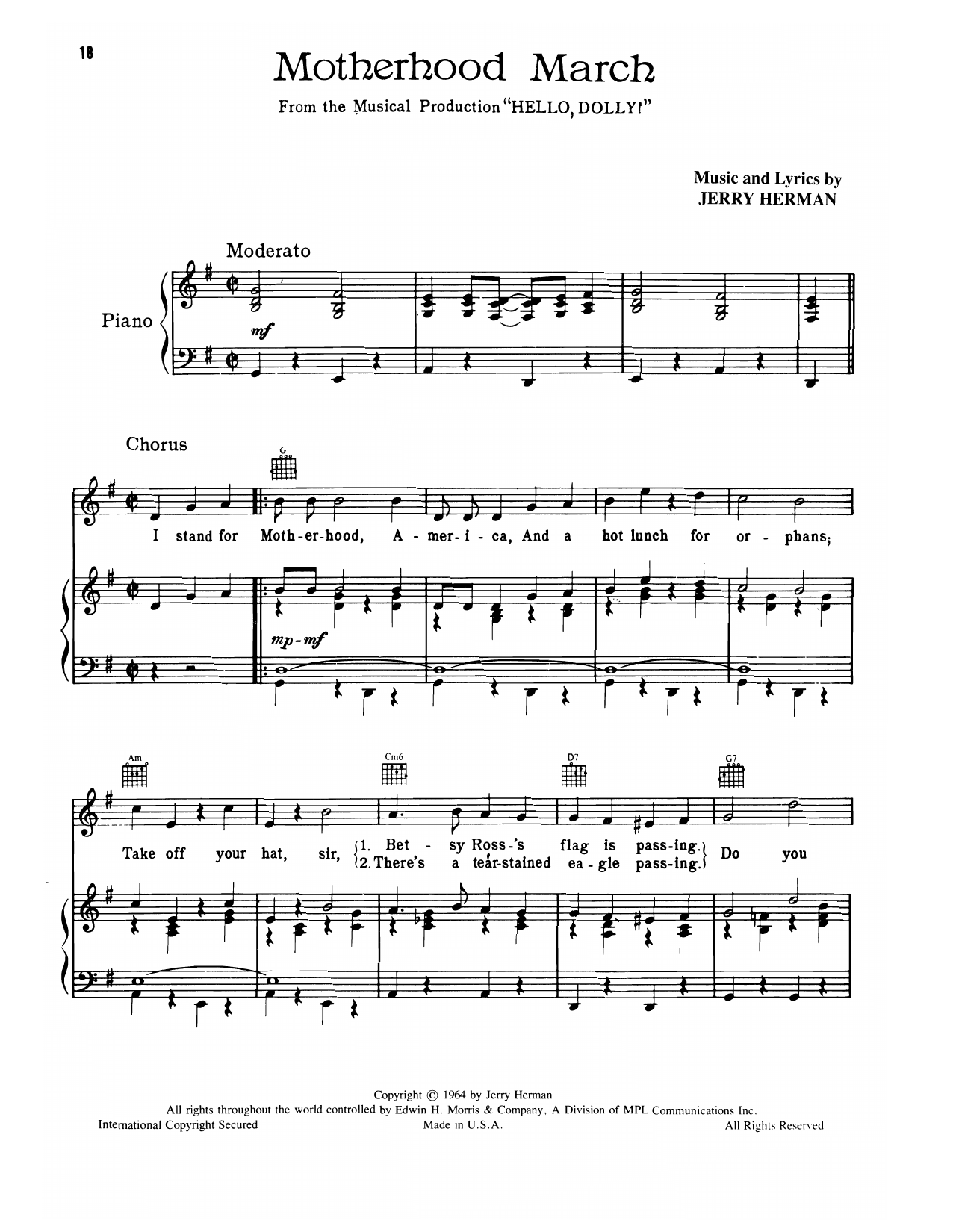 Download Jerry Herman Motherhood March (from Hello, Dolly!) Sheet Music and learn how to play Piano, Vocal & Guitar Chords (Right-Hand Melody) PDF digital score in minutes