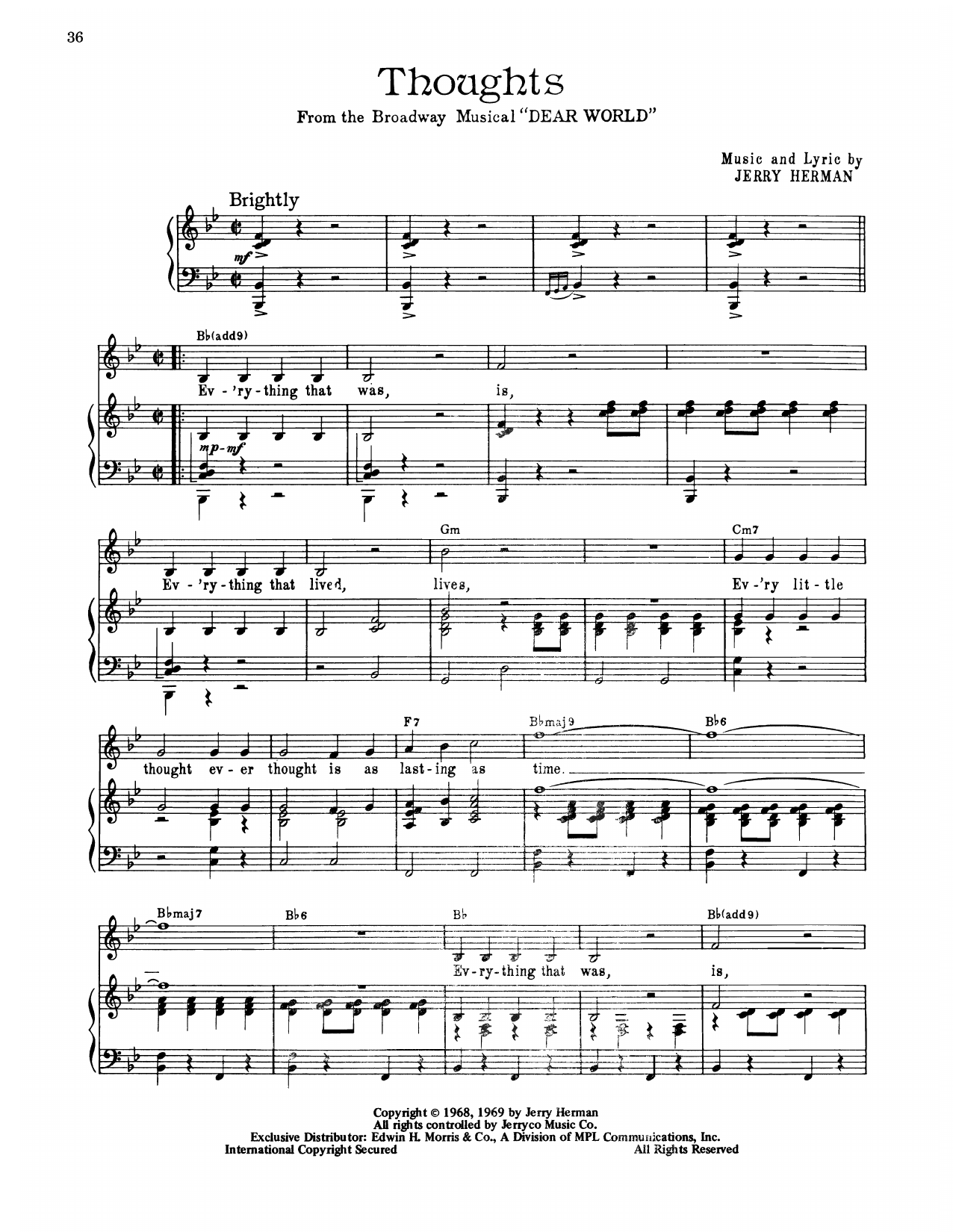 Download Jerry Herman Thoughts (from Dear World) Sheet Music and learn how to play Piano, Vocal & Guitar Chords (Right-Hand Melody) PDF digital score in minutes
