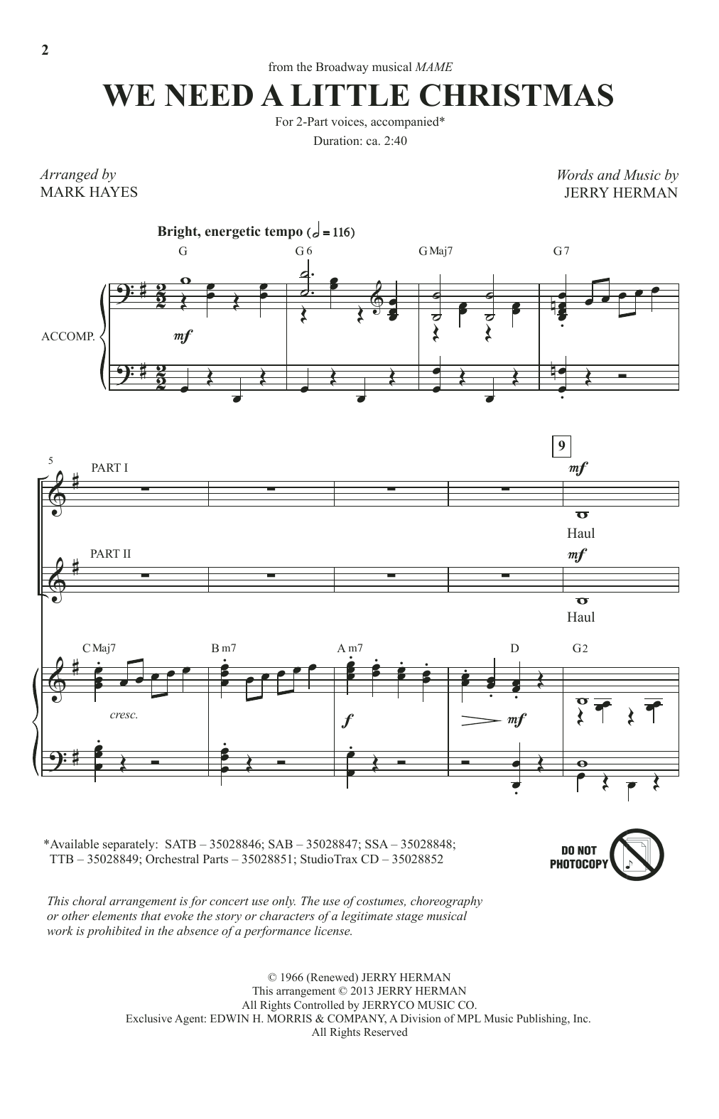 Download Jerry Herman We Need A Little Christmas (from Mame) (arr. Mark Hayes) Sheet Music and learn how to play 2-Part Choir PDF digital score in minutes