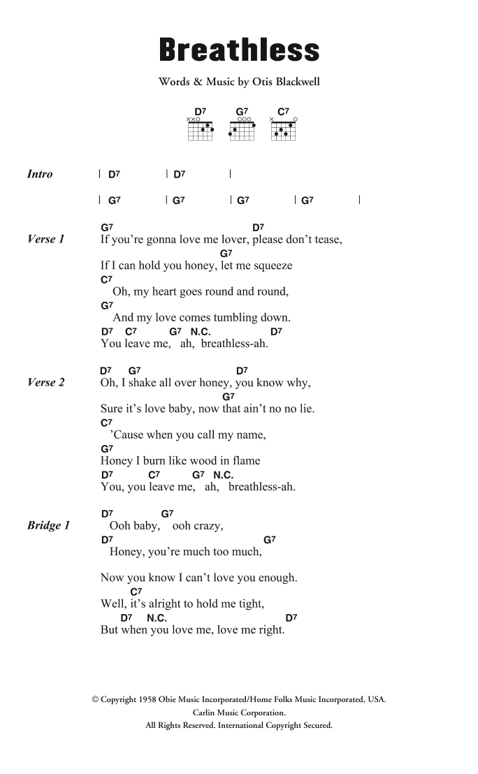 Download Jerry Lee Lewis Breathless Sheet Music and learn how to play Lyrics & Chords PDF digital score in minutes