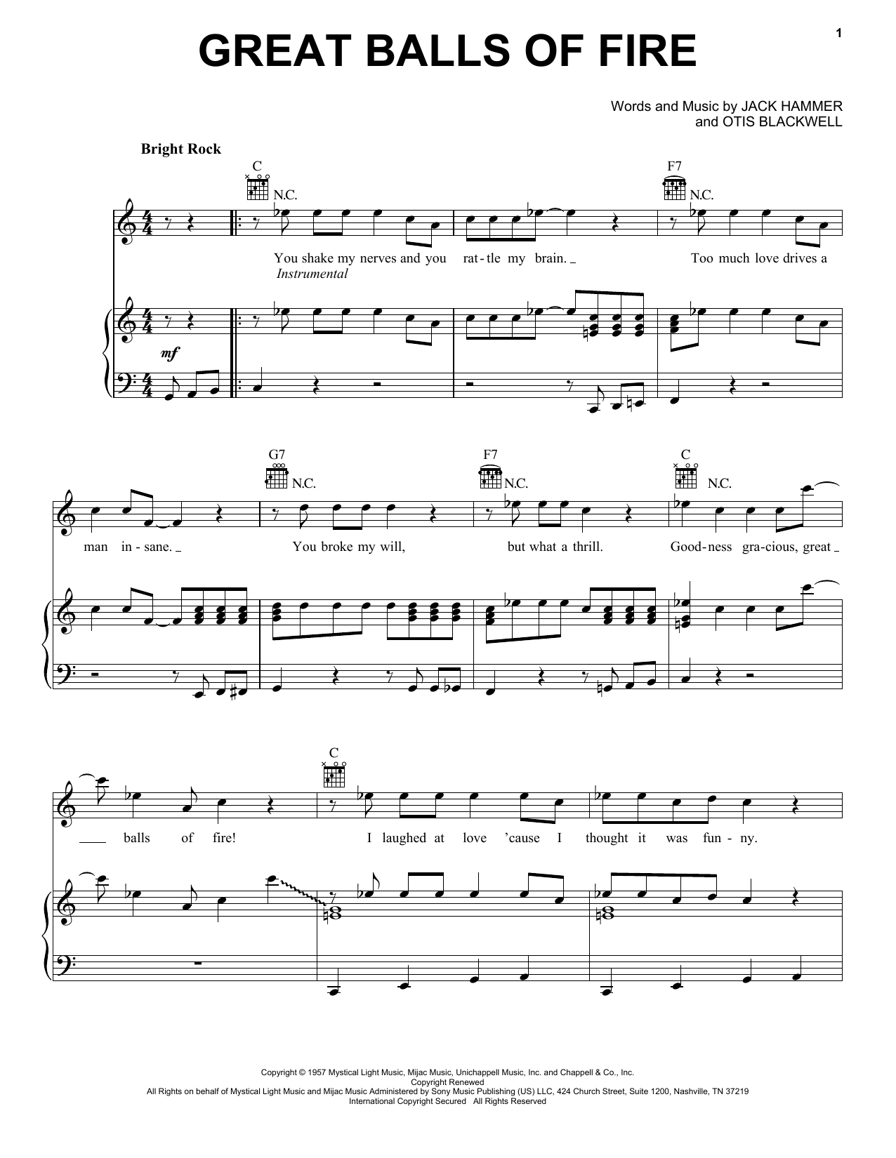 Download Jerry Lee Lewis Great Balls Of Fire (from Top Gun: Maverick) Sheet Music and learn how to play Piano, Vocal & Guitar Chords (Right-Hand Melody) PDF digital score in minutes