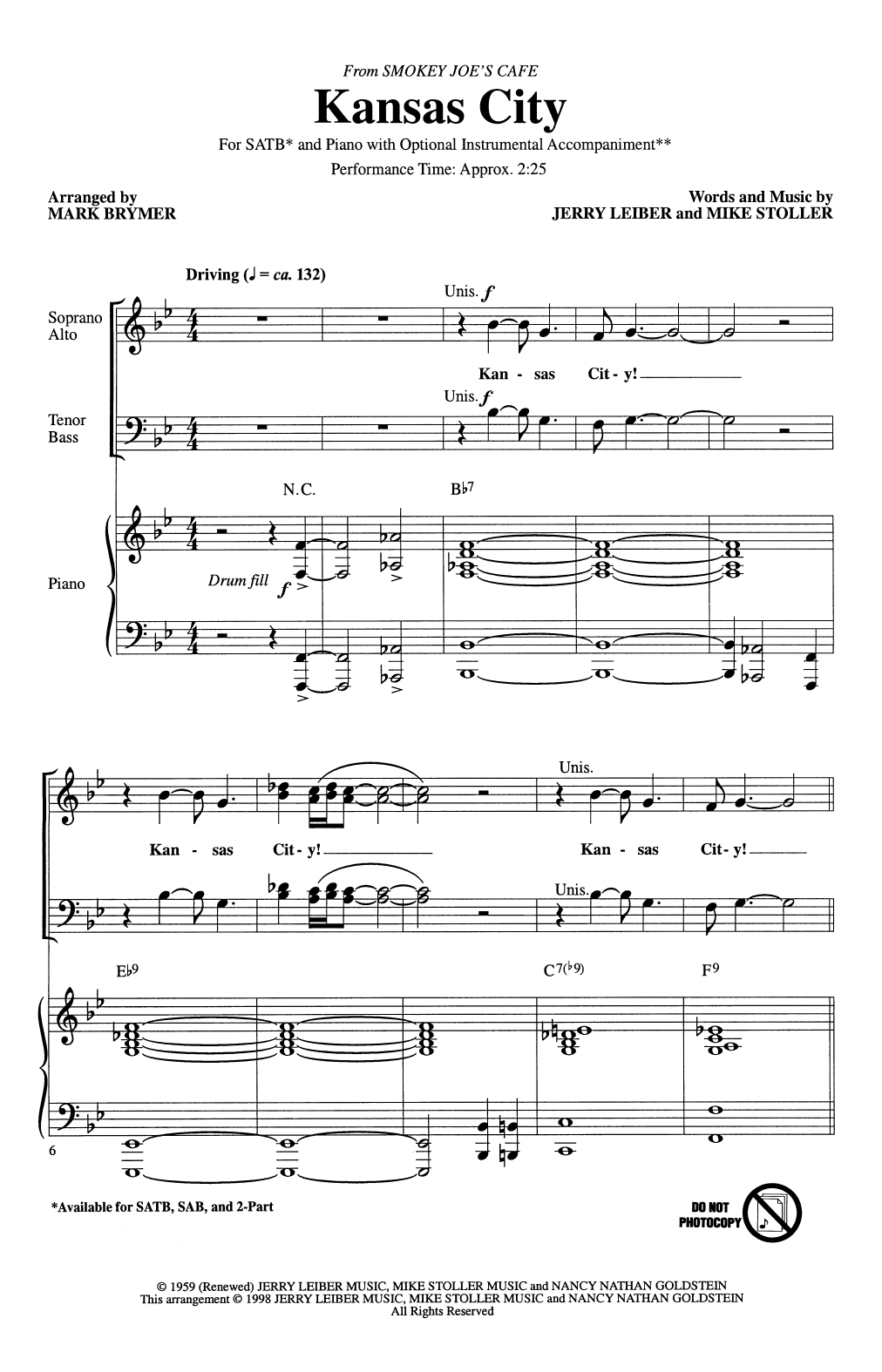 Download Jerry Leiber and Mike Stoller Kansas City (from Smokey Joe's Cafe) (arr. Mark Brymer) Sheet Music and learn how to play 2-Part Choir PDF digital score in minutes