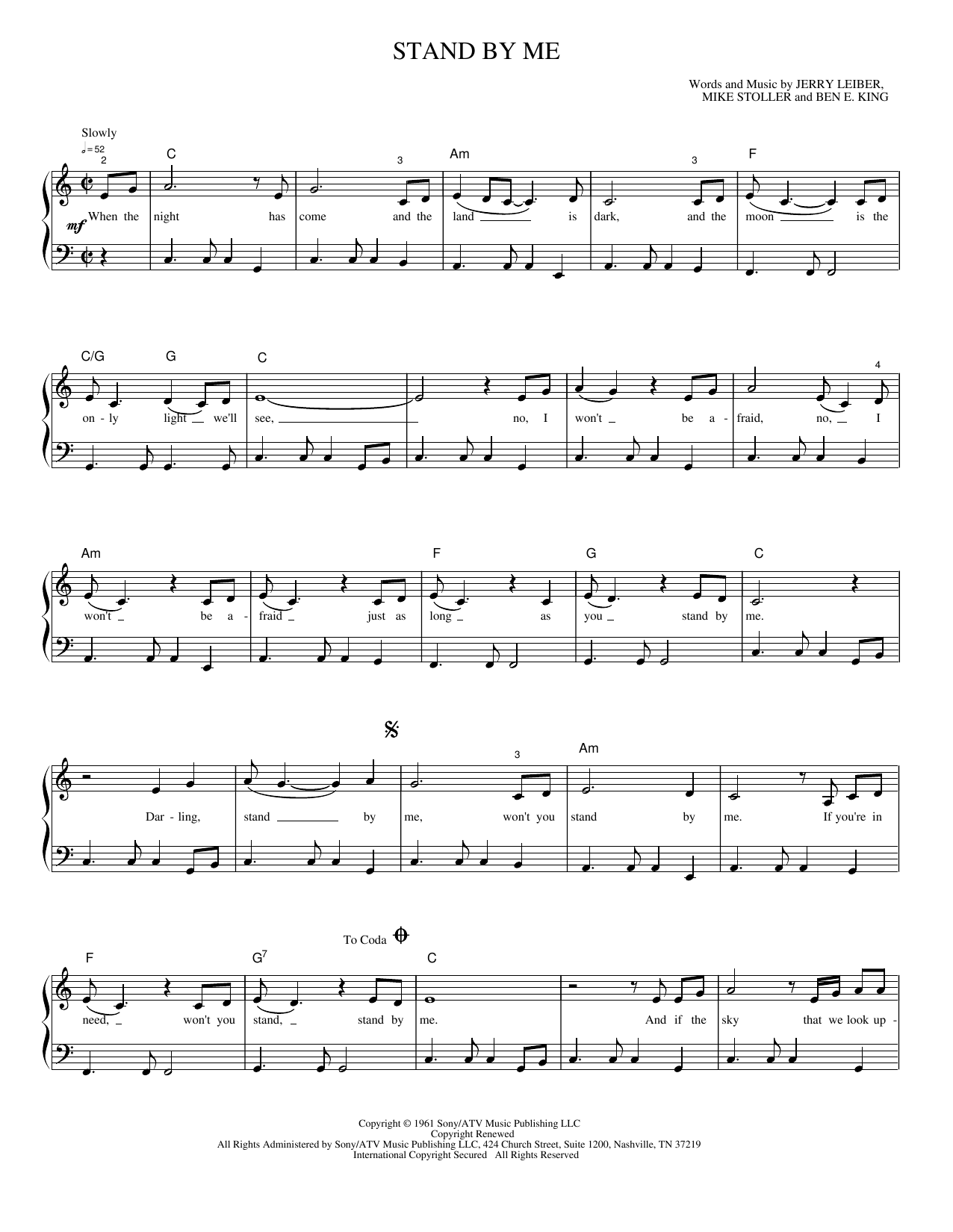 Download Jerry Leiber Stand By Me Sheet Music and learn how to play Piano, Vocal & Guitar Chords (Right-Hand Melody) PDF digital score in minutes