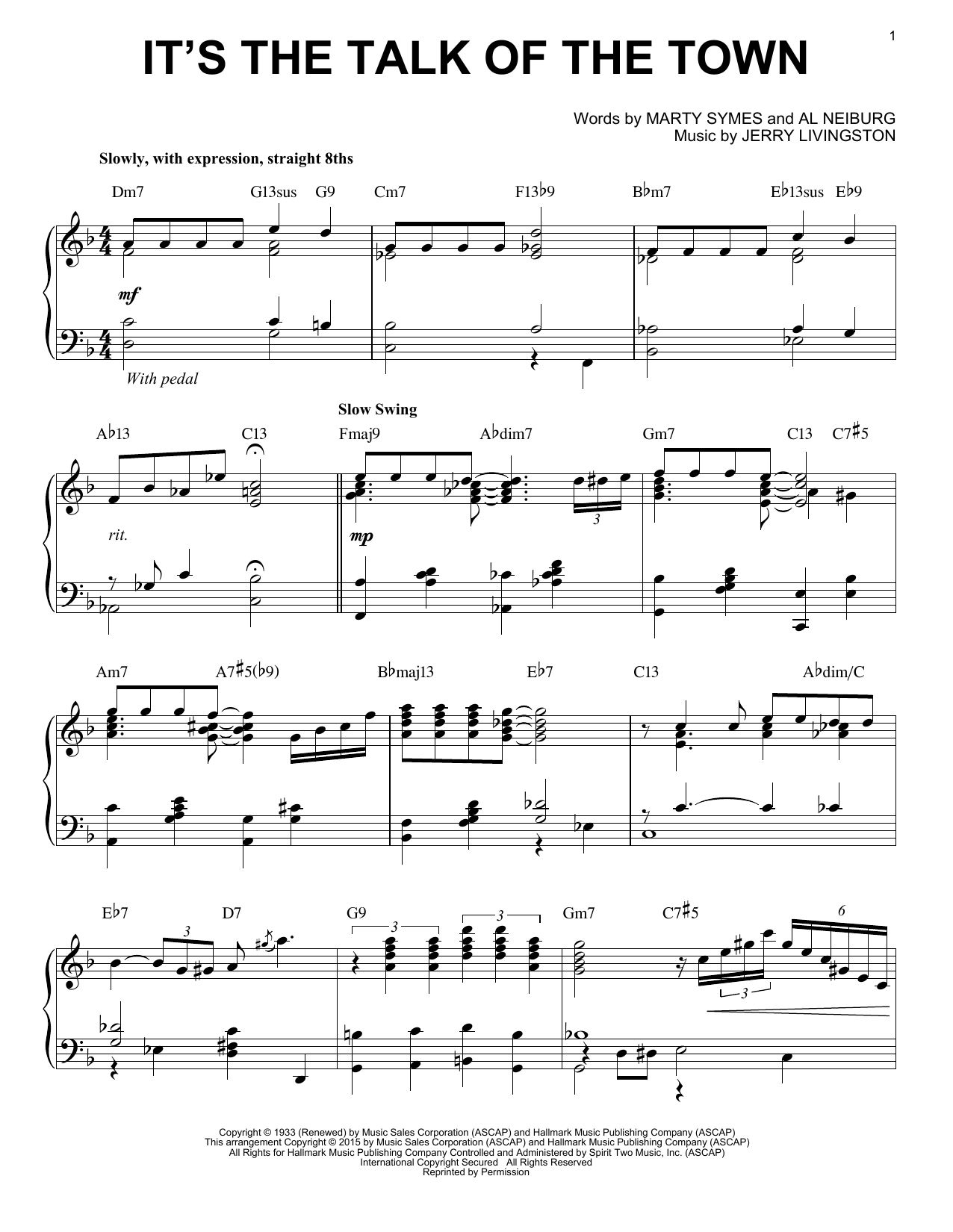 Download Jerry Livingston It's The Talk Of The Town Sheet Music and learn how to play Piano PDF digital score in minutes