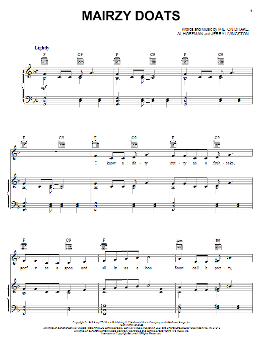 Download Jerry Livingston Mairzy Doats Sheet Music and learn how to play Piano, Vocal & Guitar (Right-Hand Melody) PDF digital score in minutes