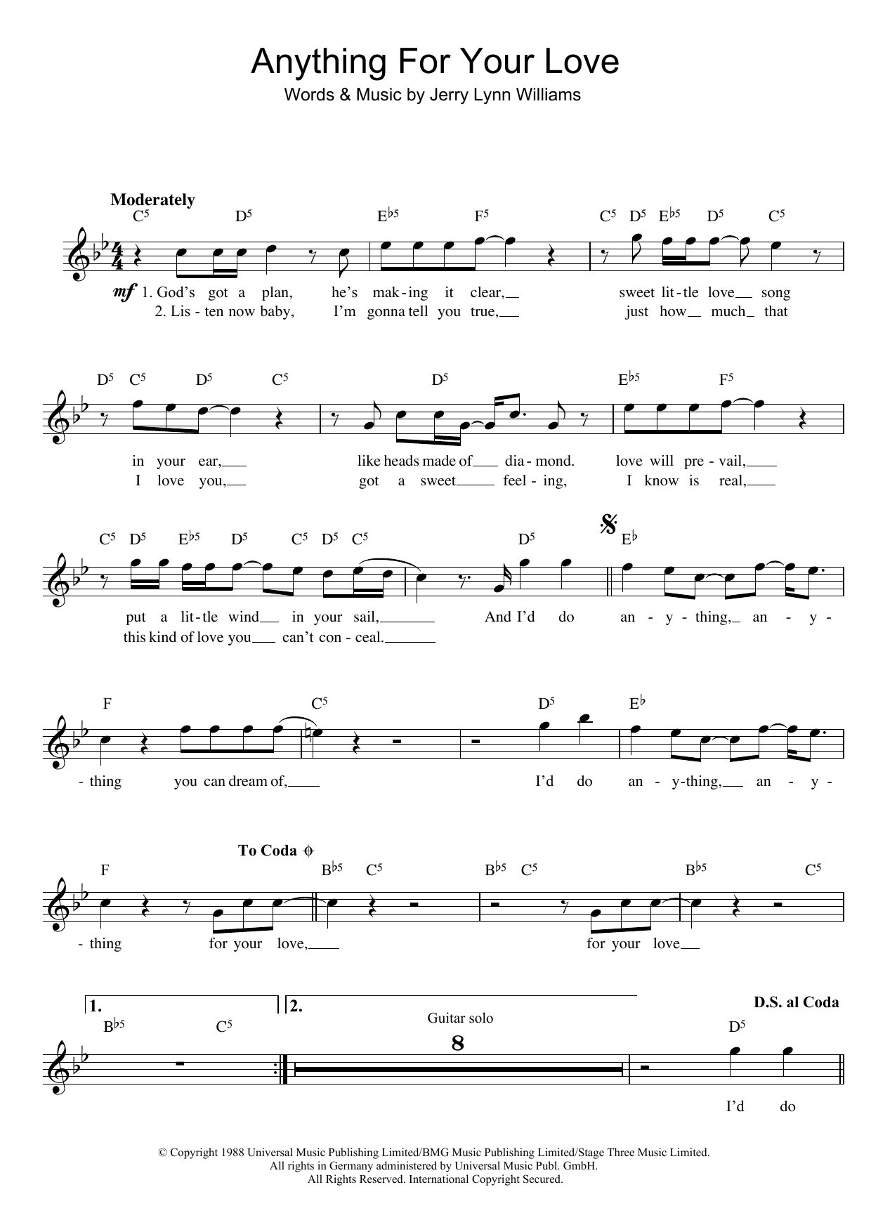Download Jerry Lynn Williams Anything For Your Love Sheet Music and learn how to play Melody Line, Lyrics & Chords PDF digital score in minutes